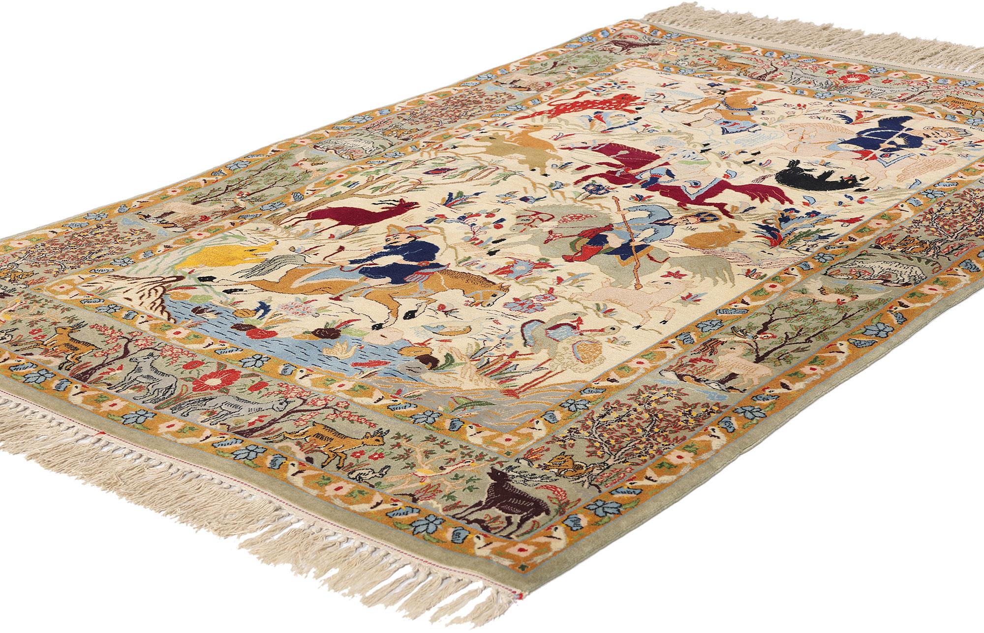 79166 Vintage Persian Hunting Scene Isfahan Rug, 03'07 x 05'02. In the impeccable weave of this hand-knotted, vintage Persian Isfahan rug, the epic grandeur of signature Safavid storytelling comes to life—a masterpiece of exceptional artistry and