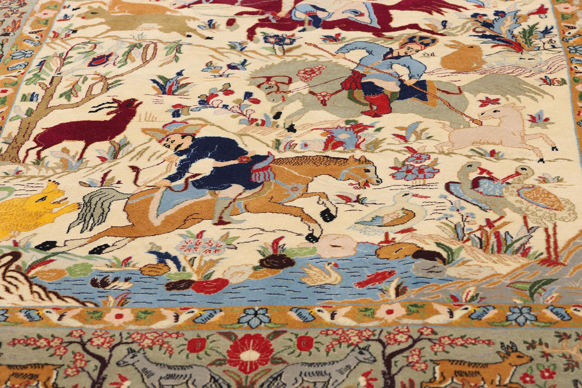 Hand-Knotted Vintage Persian Hunting Isfahan Carpet with Traditional Style For Sale