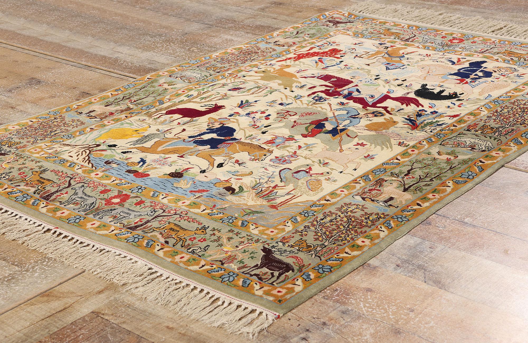 Cotton Vintage Persian Hunting Isfahan Carpet with Traditional Style For Sale