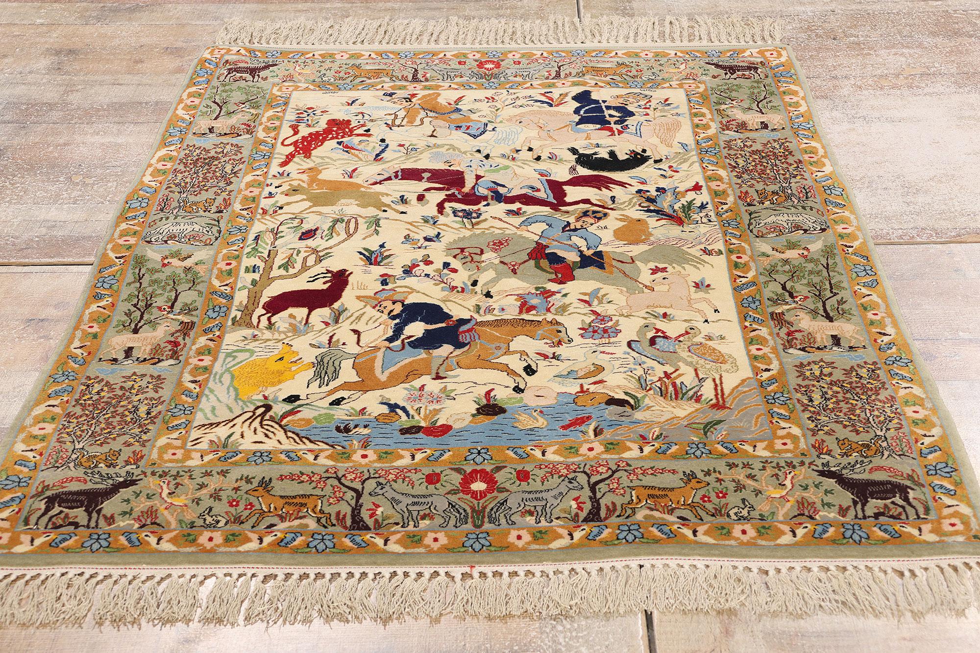 Vintage Persian Hunting Isfahan Carpet with Traditional Style For Sale 1