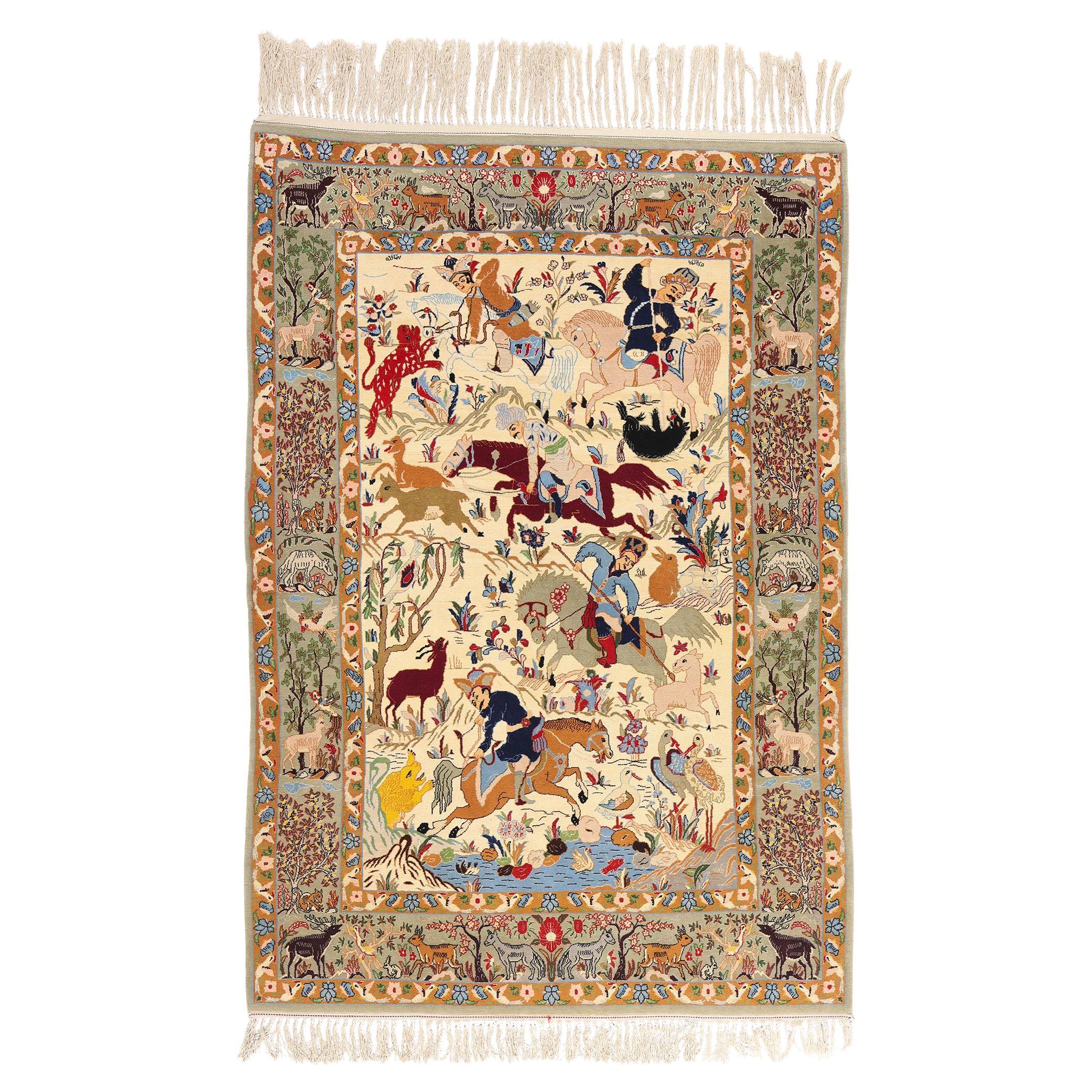 Vintage Persian Hunting Isfahan Carpet with Traditional Style
