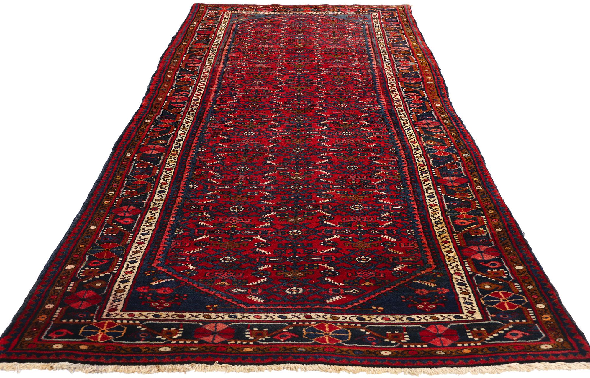 Hand-Knotted Vintage Persian Hamadan Rug Hussainabad Herati Carpet Runner For Sale