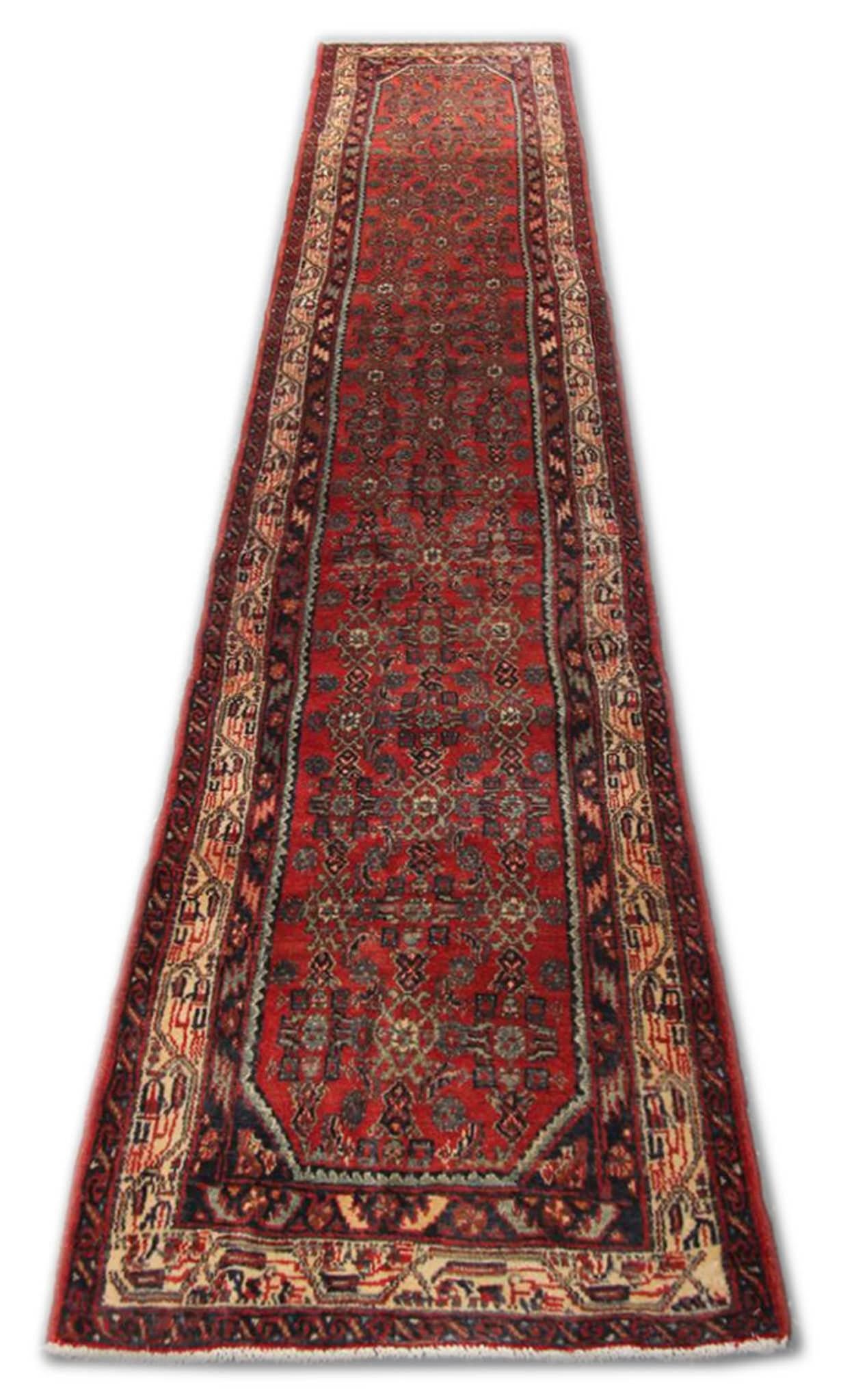 Persian Vintage Hussein Abad Runner Rug, Deep Red Stair Runner, Wool Rug For Sale