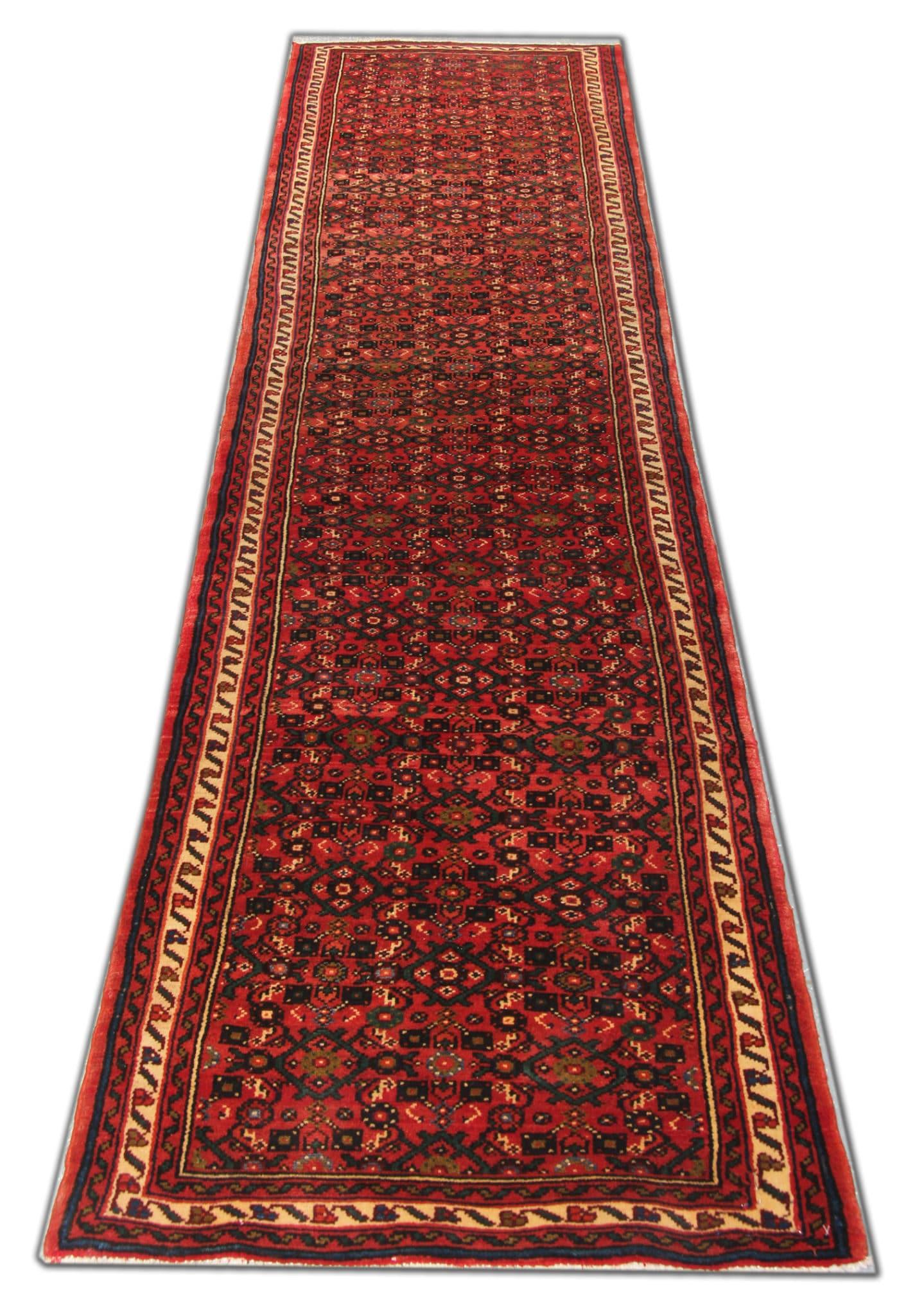 Persian Vintage Hussein Abad Runner Rug, Red Stair Runner, Wool Rug For Sale