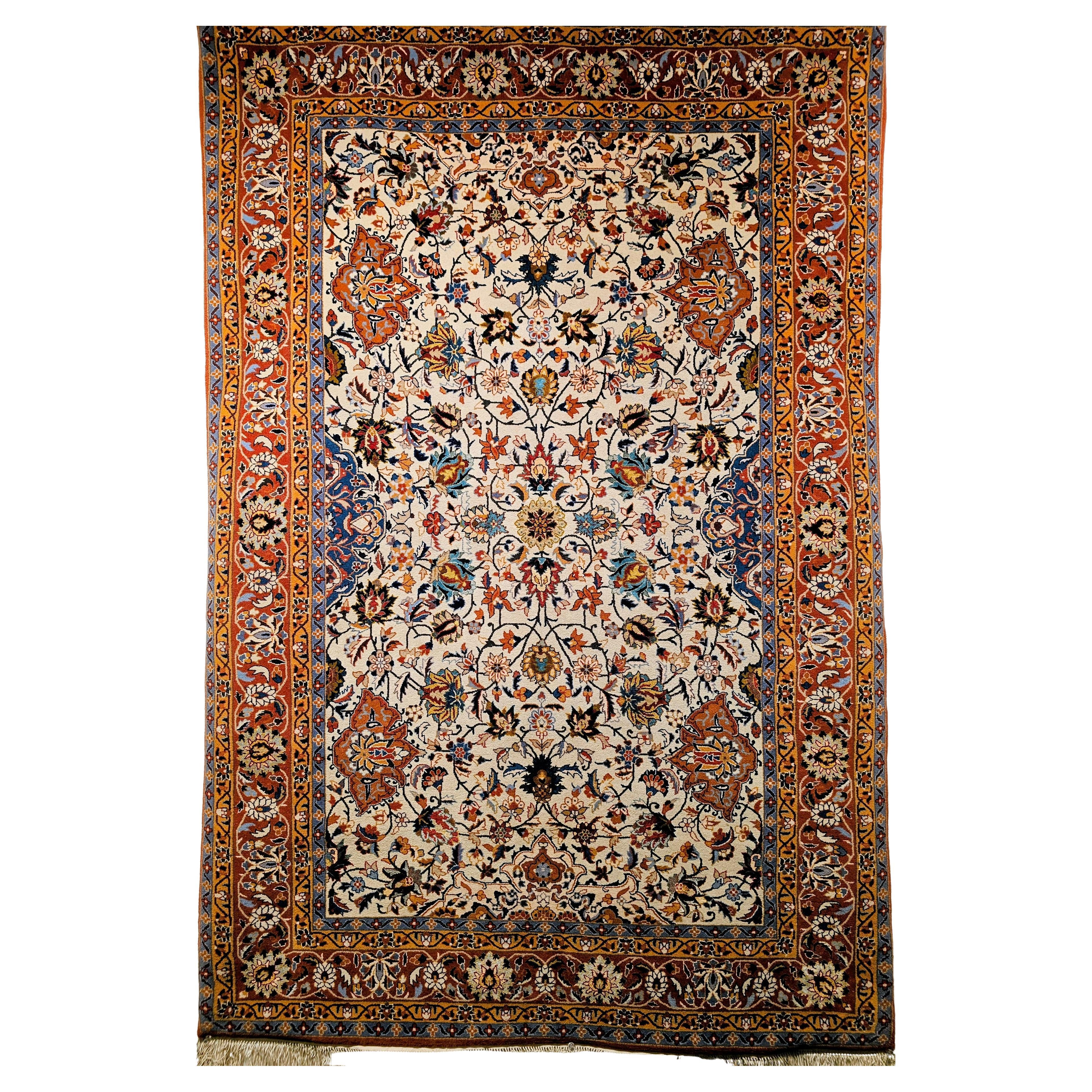 Vintage Persian Isfahan Area Rug in Allover Pattern in Ivory, Terracotta, Blue For Sale