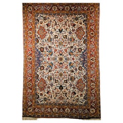 Vintage Persian Isfahan Area Rug in Allover Pattern in Ivory, Terracotta, Blue