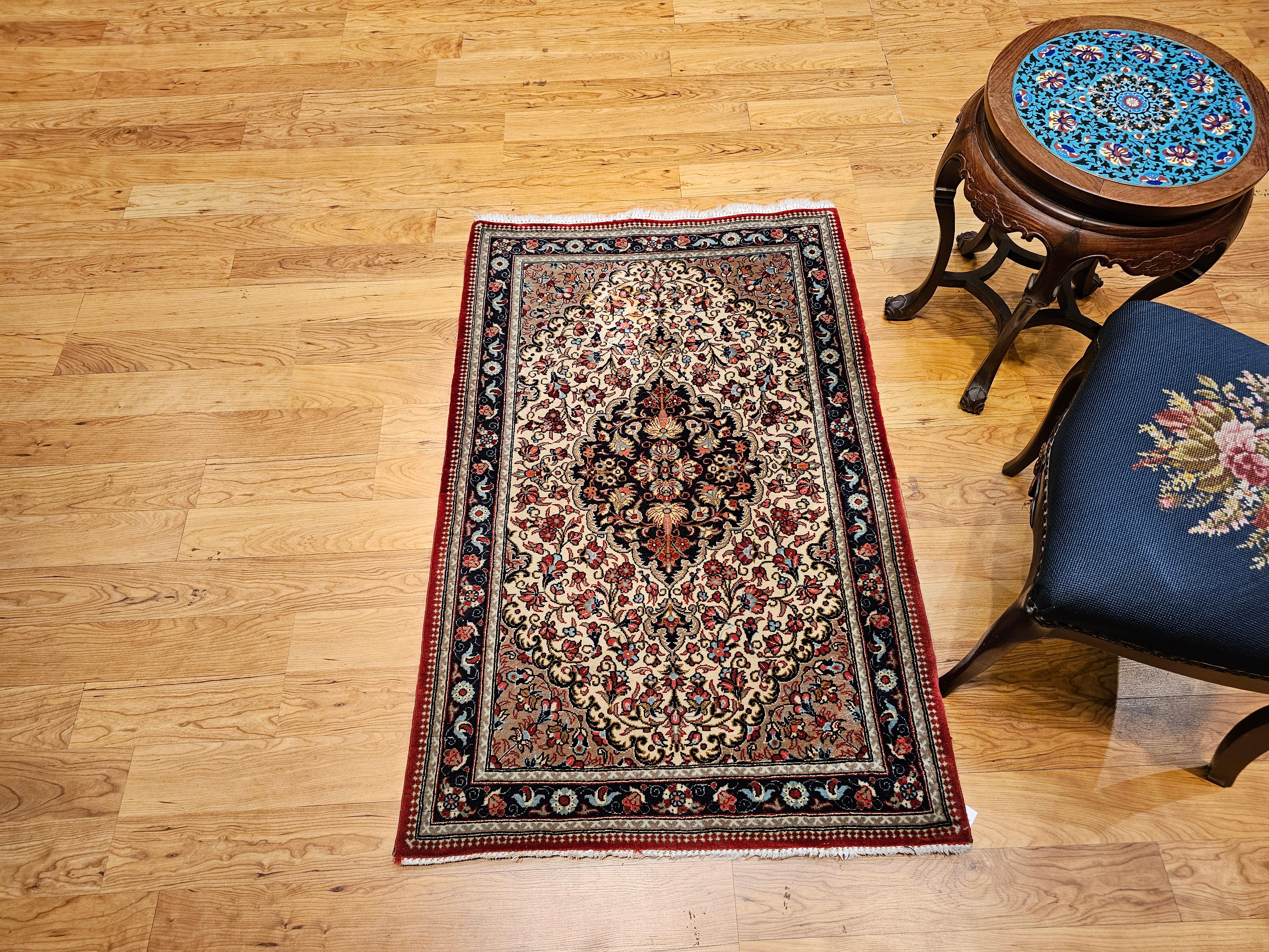 Vintage Persian Isfahan Area Rug in Floral Pattern in Ivory, Navy, Red, Blue For Sale 4