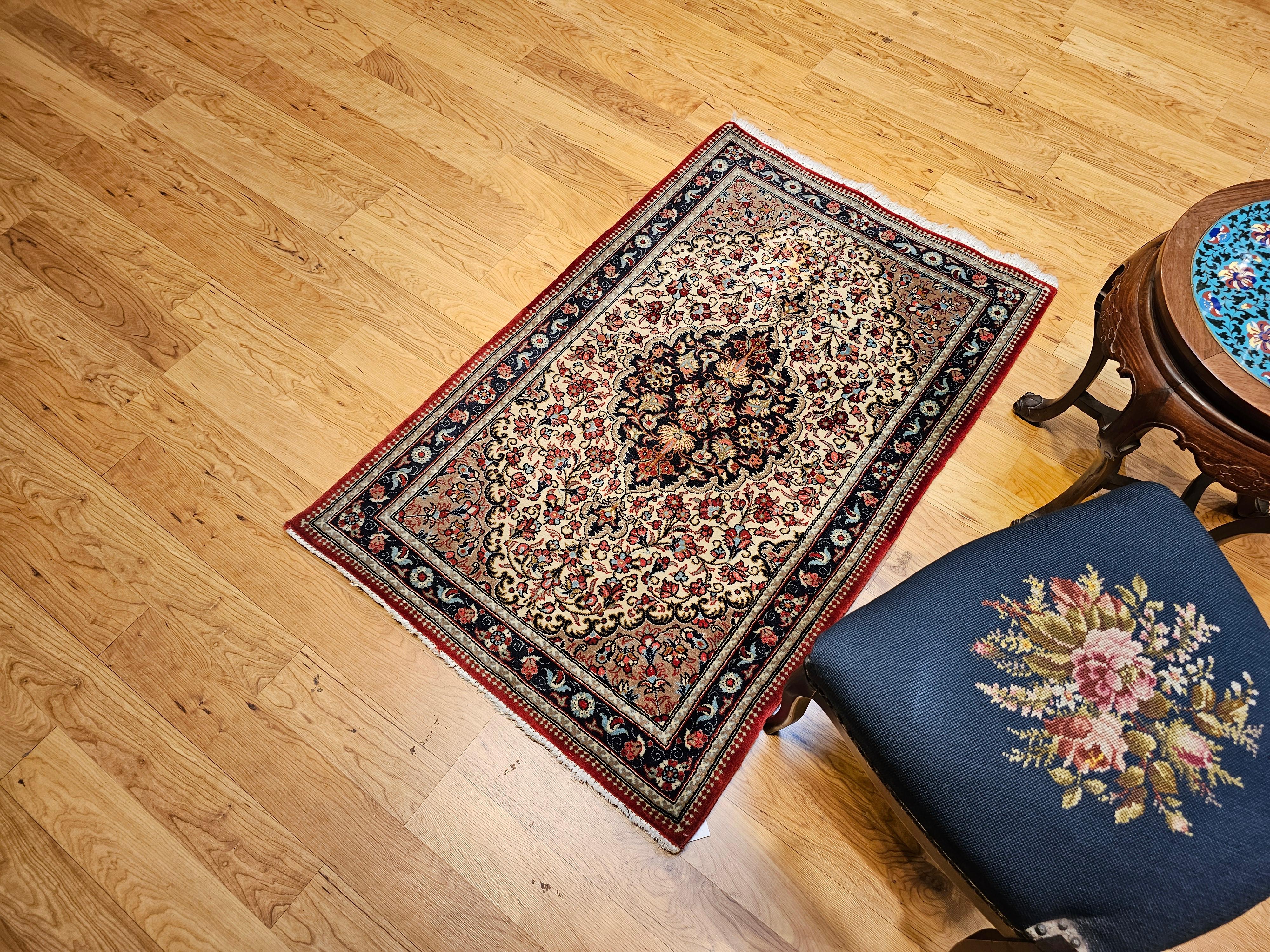 Vintage Persian Isfahan Area Rug in Floral Pattern in Ivory, Navy, Red, Blue For Sale 5