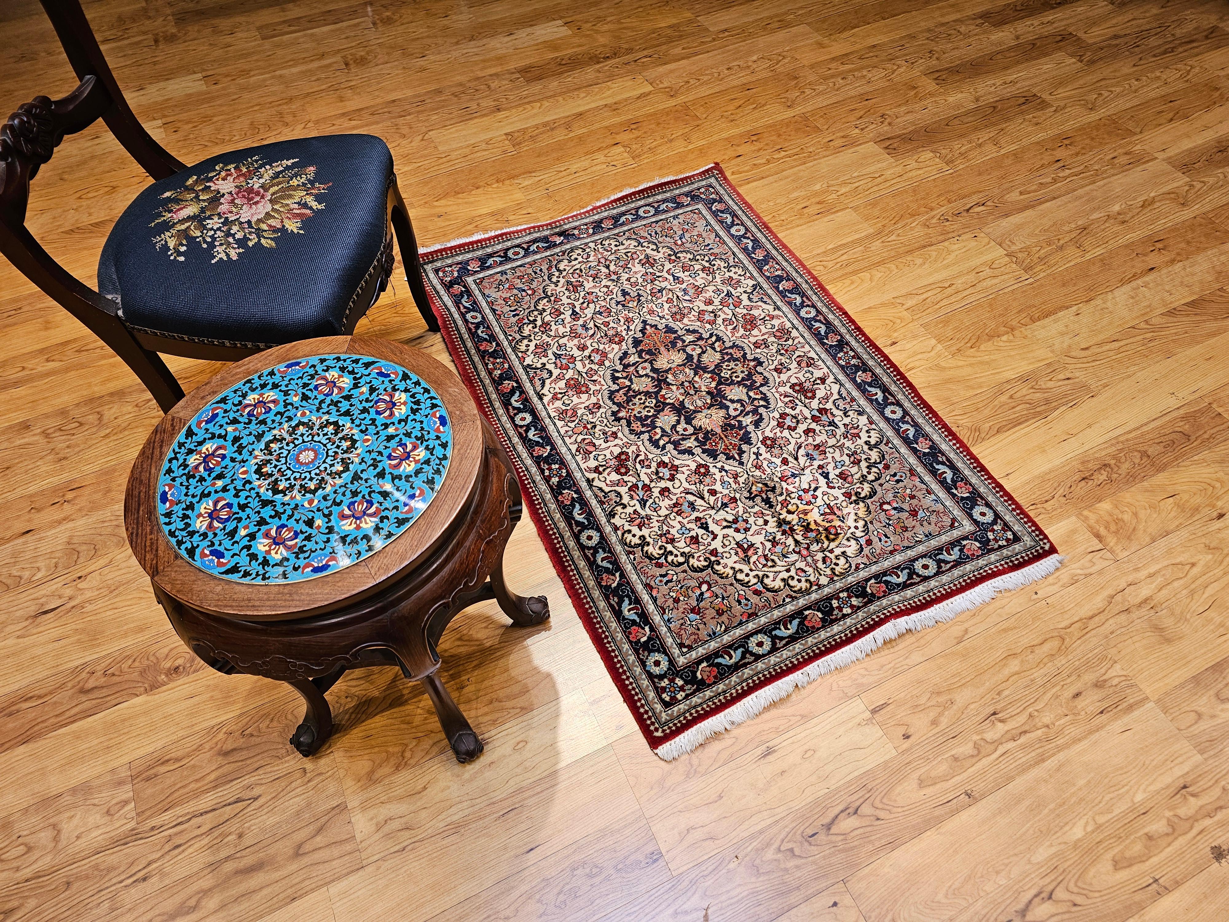Vintage Persian Isfahan Area Rug in Floral Pattern in Ivory, Navy, Red, Blue For Sale 6