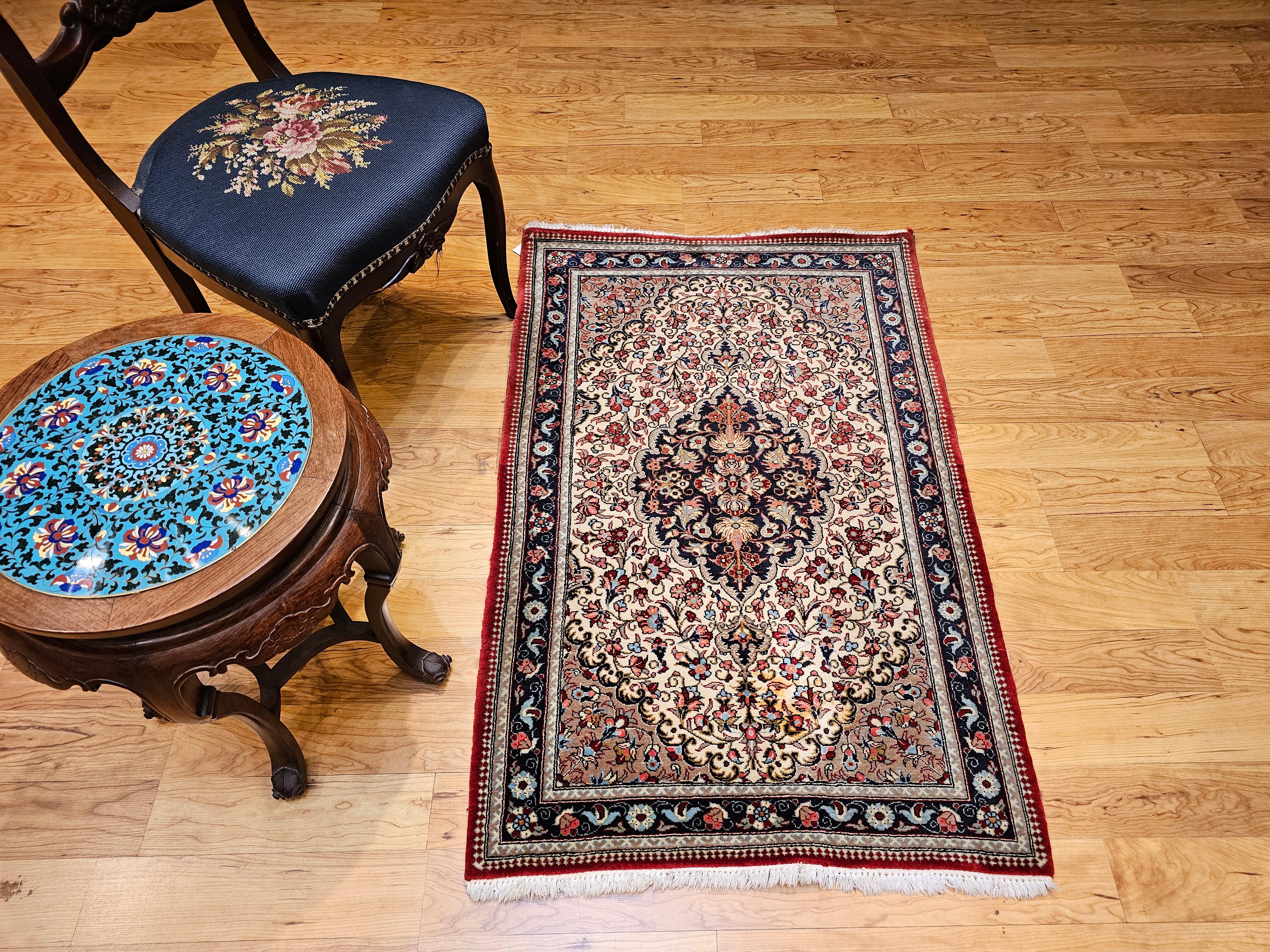 Vintage Persian Isfahan Area Rug in Floral Pattern in Ivory, Navy, Red, Blue For Sale 7
