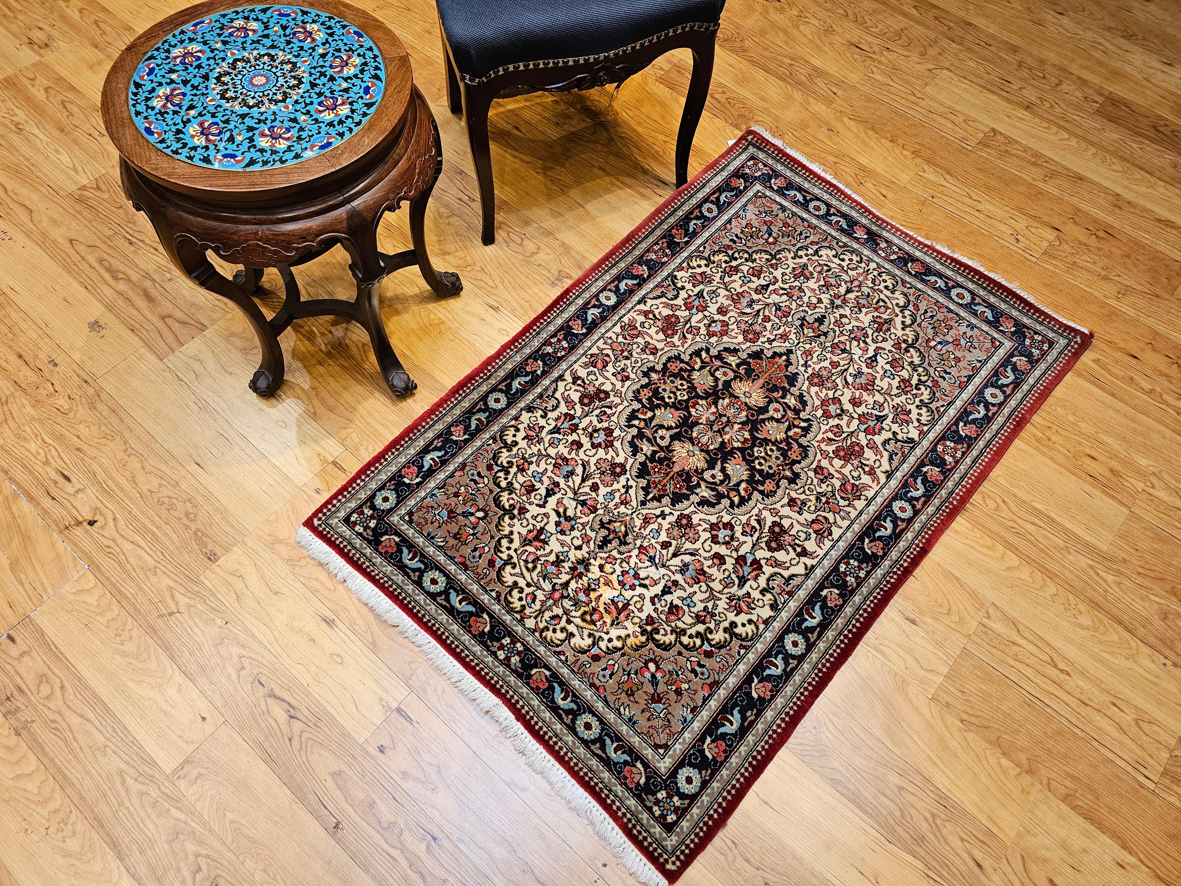 Vintage Persian Isfahan Area Rug in Floral Pattern in Ivory, Navy, Red, Blue For Sale 8