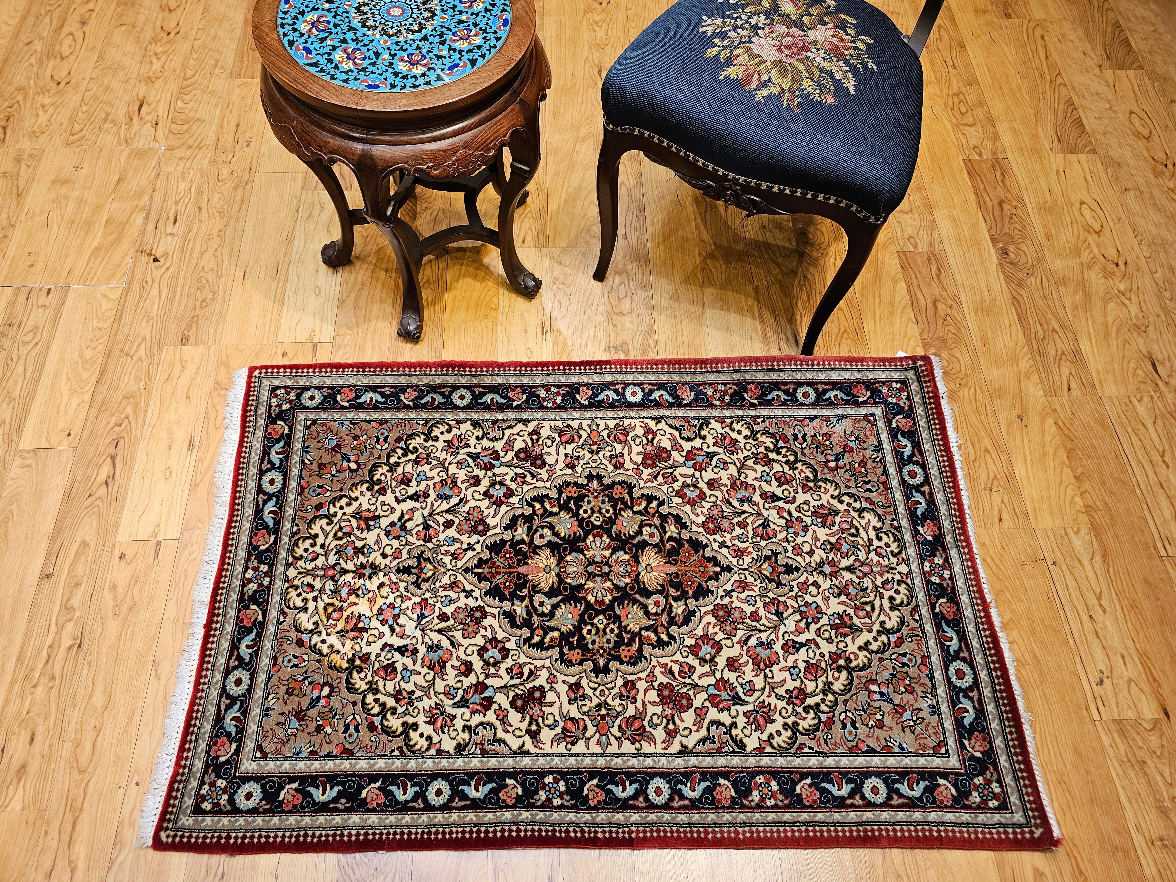 Vintage Persian Isfahan Area Rug in Floral Pattern in Ivory, Navy, Red, Blue For Sale 9