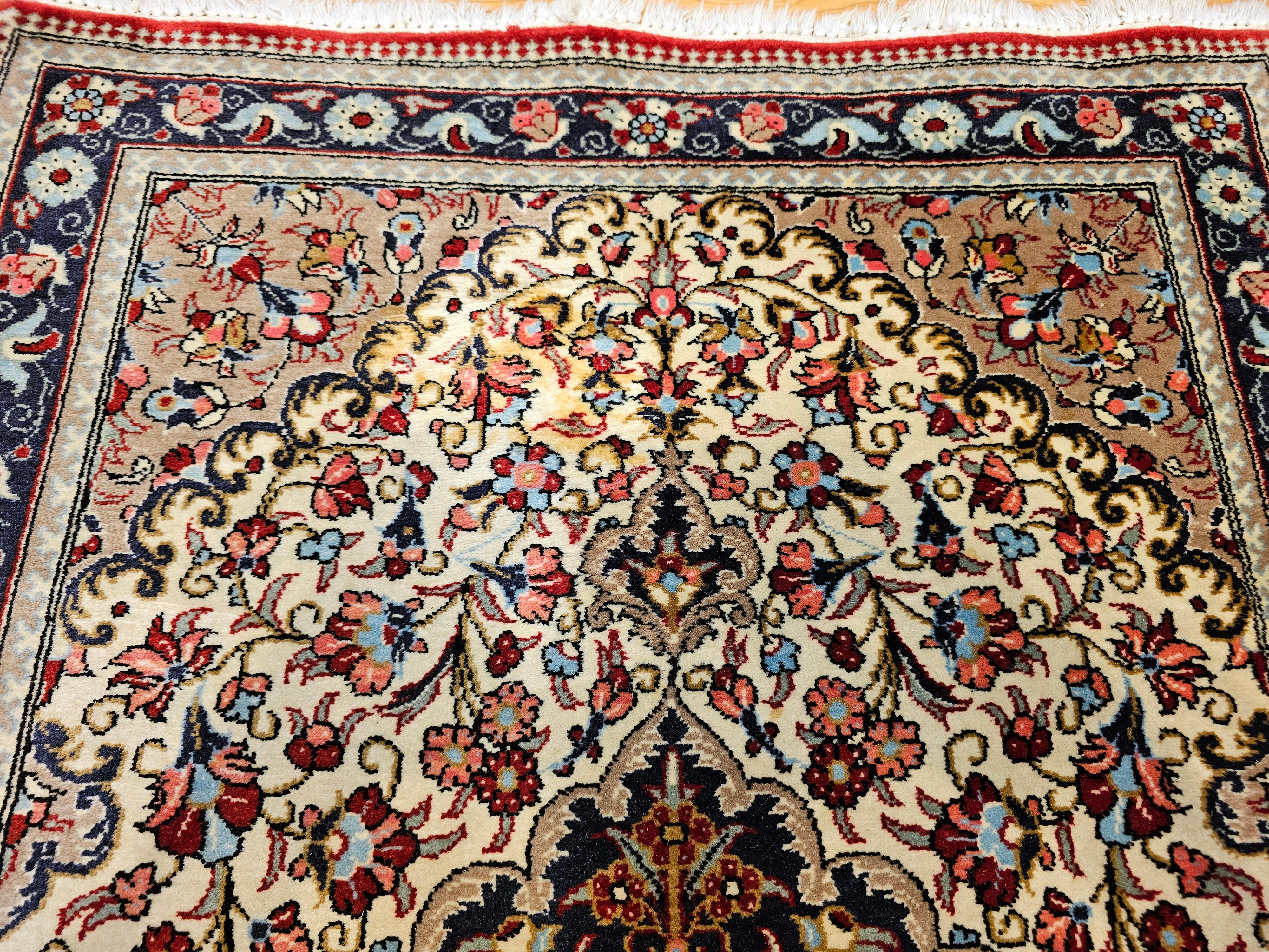 20th Century Vintage Persian Isfahan Area Rug in Floral Pattern in Ivory, Navy, Red, Blue For Sale