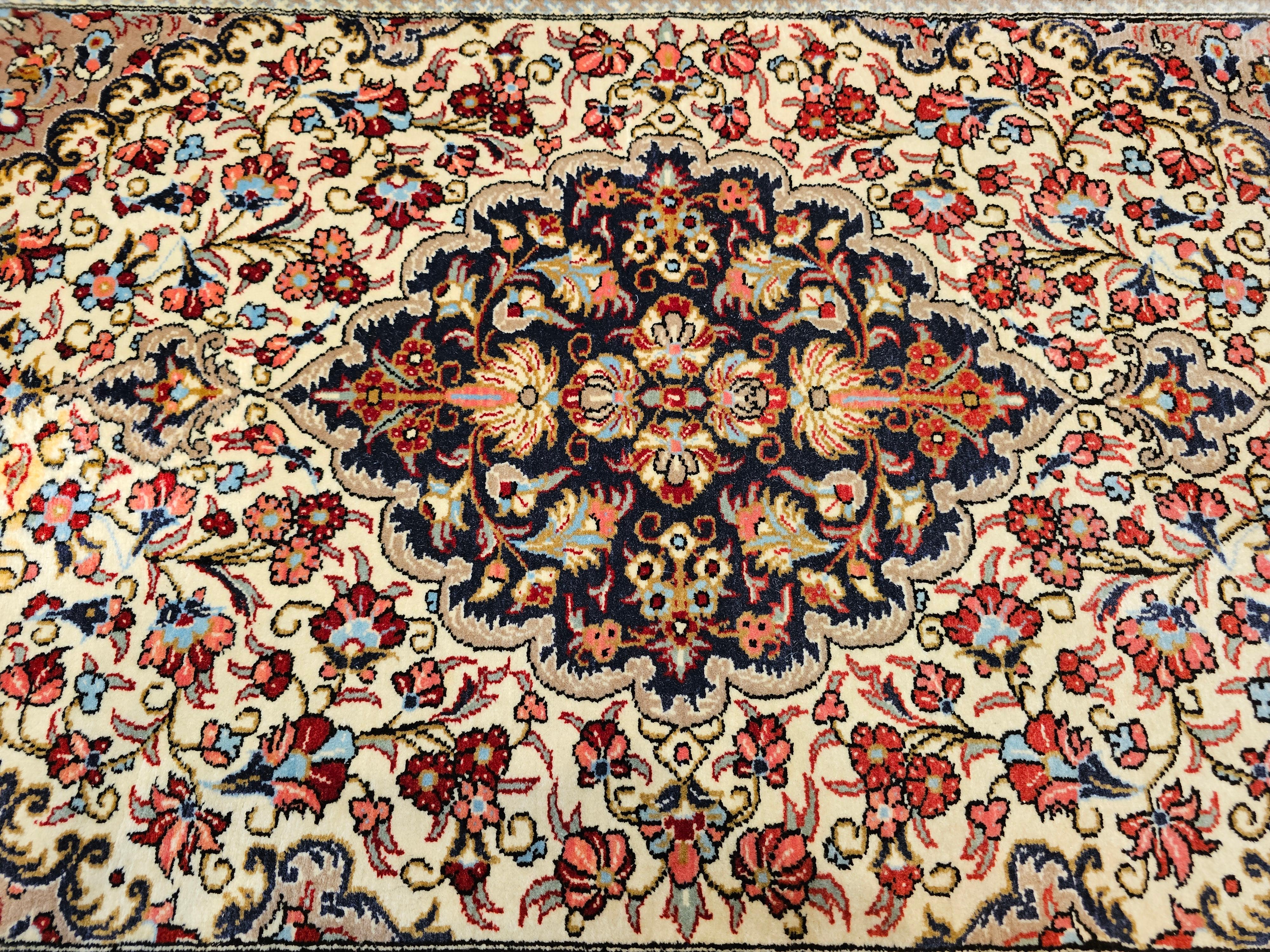 Vintage Persian Isfahan Area Rug in Floral Pattern in Ivory, Navy, Red, Blue For Sale 1