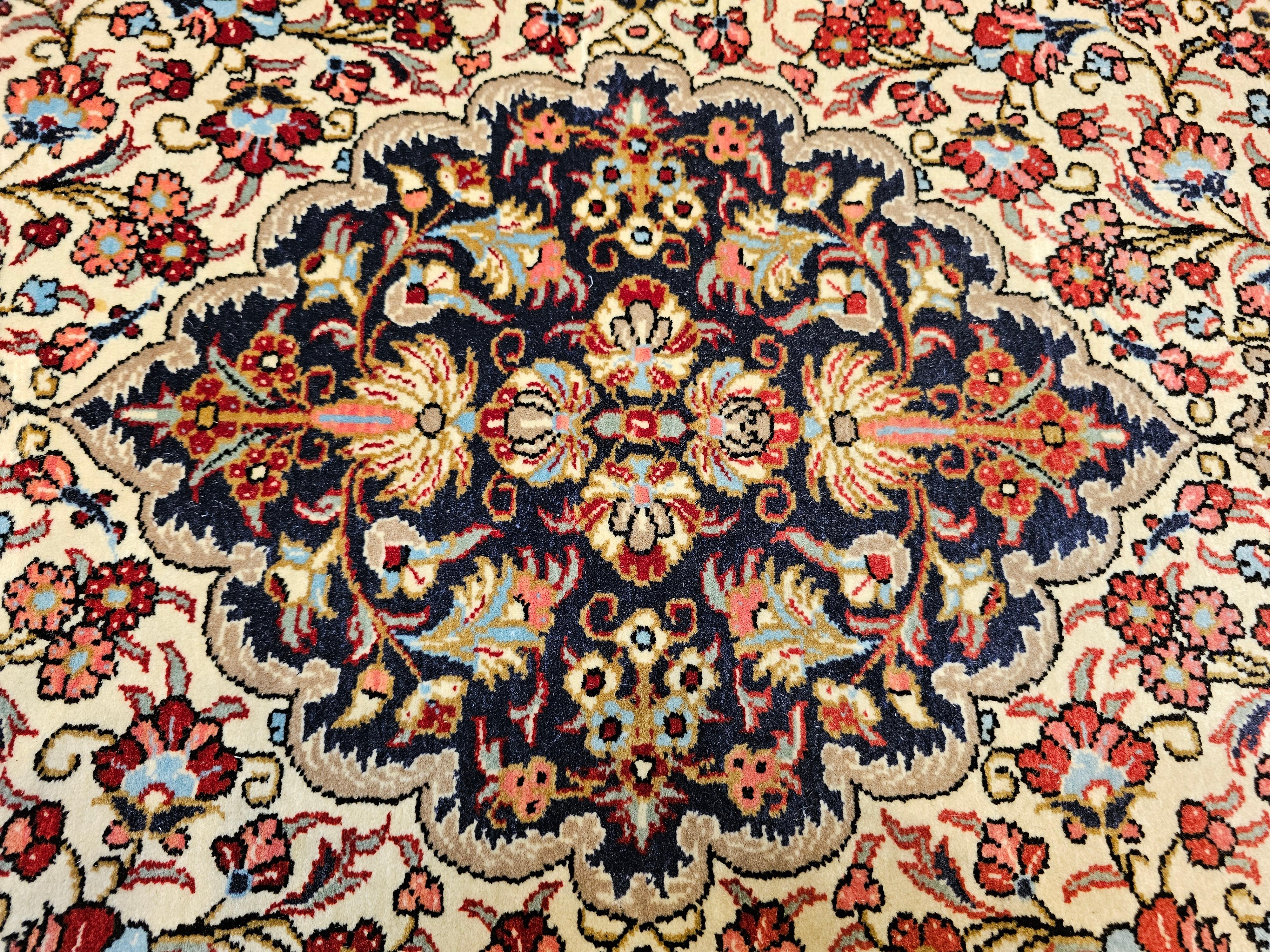Vintage Persian Isfahan Area Rug in Floral Pattern in Ivory, Navy, Red, Blue For Sale 2