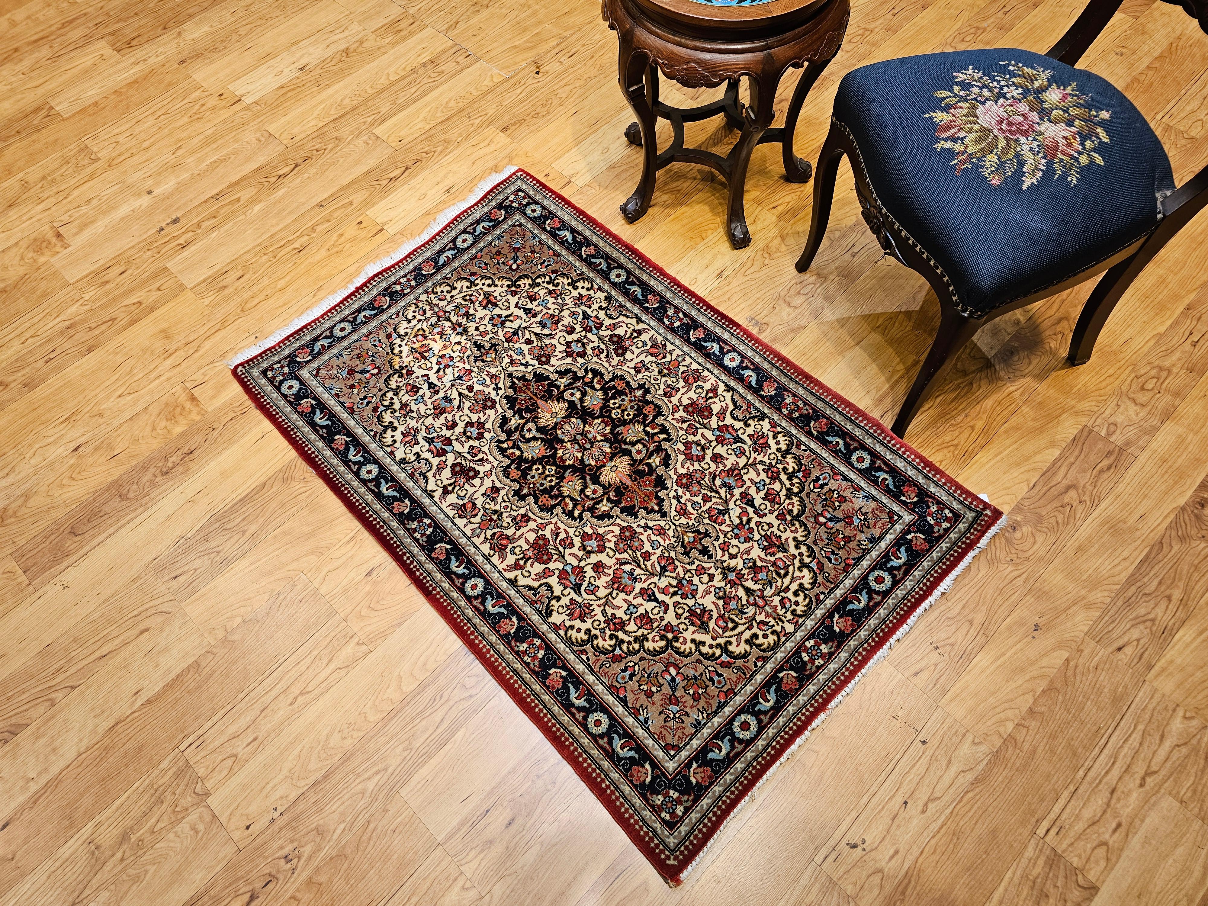 Vintage Persian Isfahan Area Rug in Floral Pattern in Ivory, Navy, Red, Blue For Sale 3