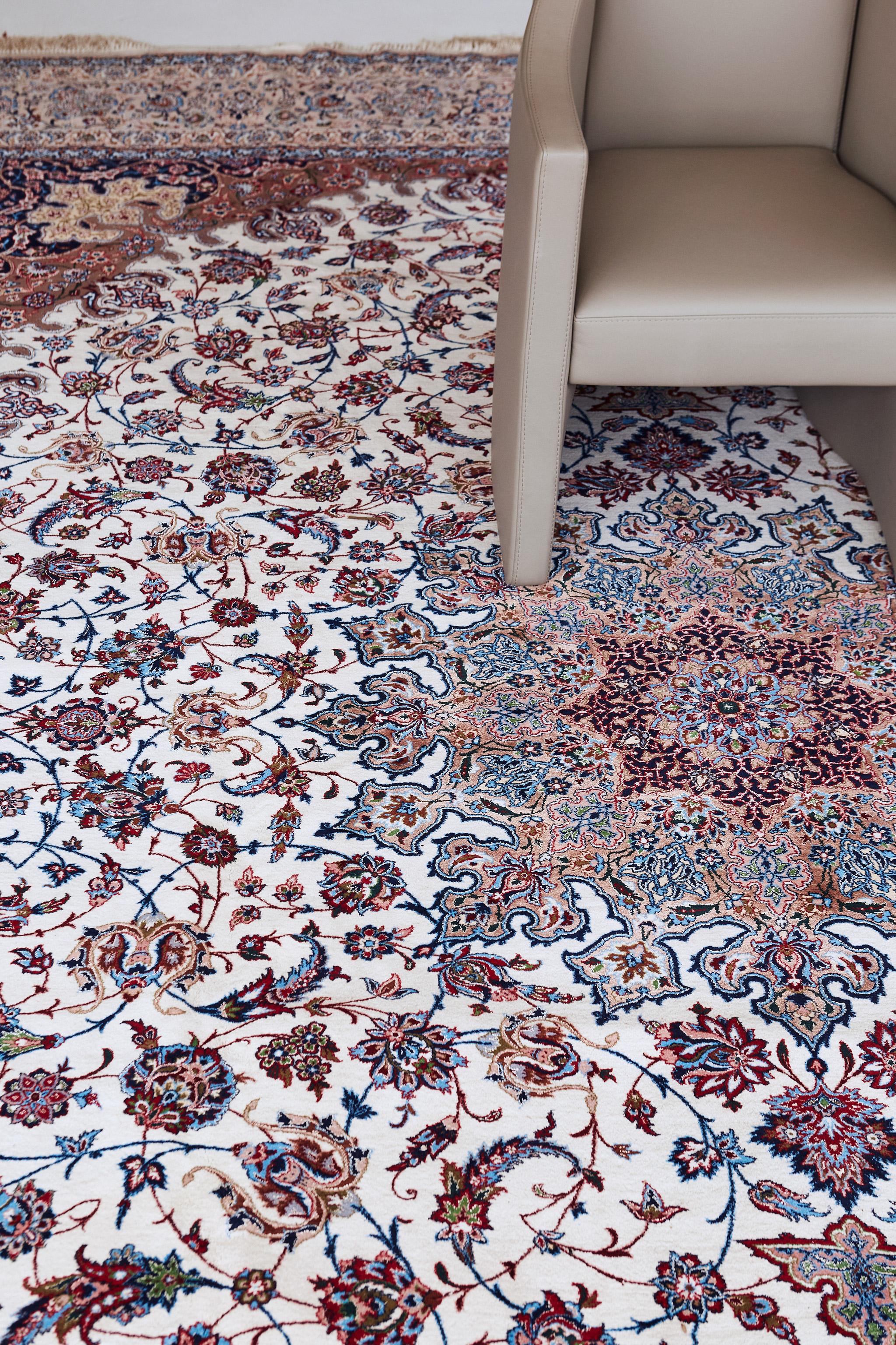 Isfahan is pile-woven wool and silk that features a spectacular blue hue that makes it stand out from the crowd. Every detailed embellishment and motif is meticulously created together with the sophisticated border surrounding it. Sure to be an