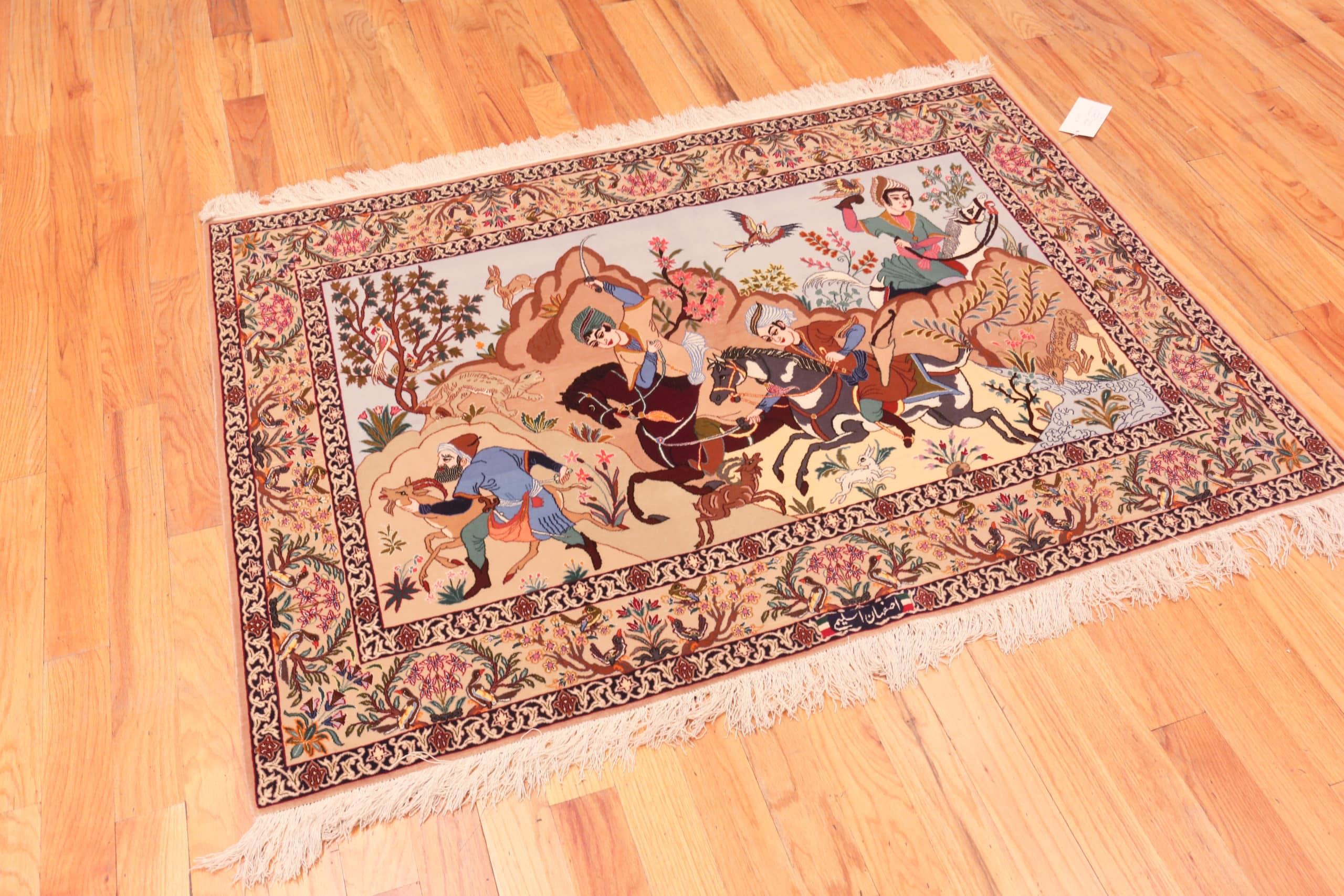 Wool Vintage Persian Isfahan Hunting Scene Rug. Size: 3 ft 9 in x 5 ft 3 in