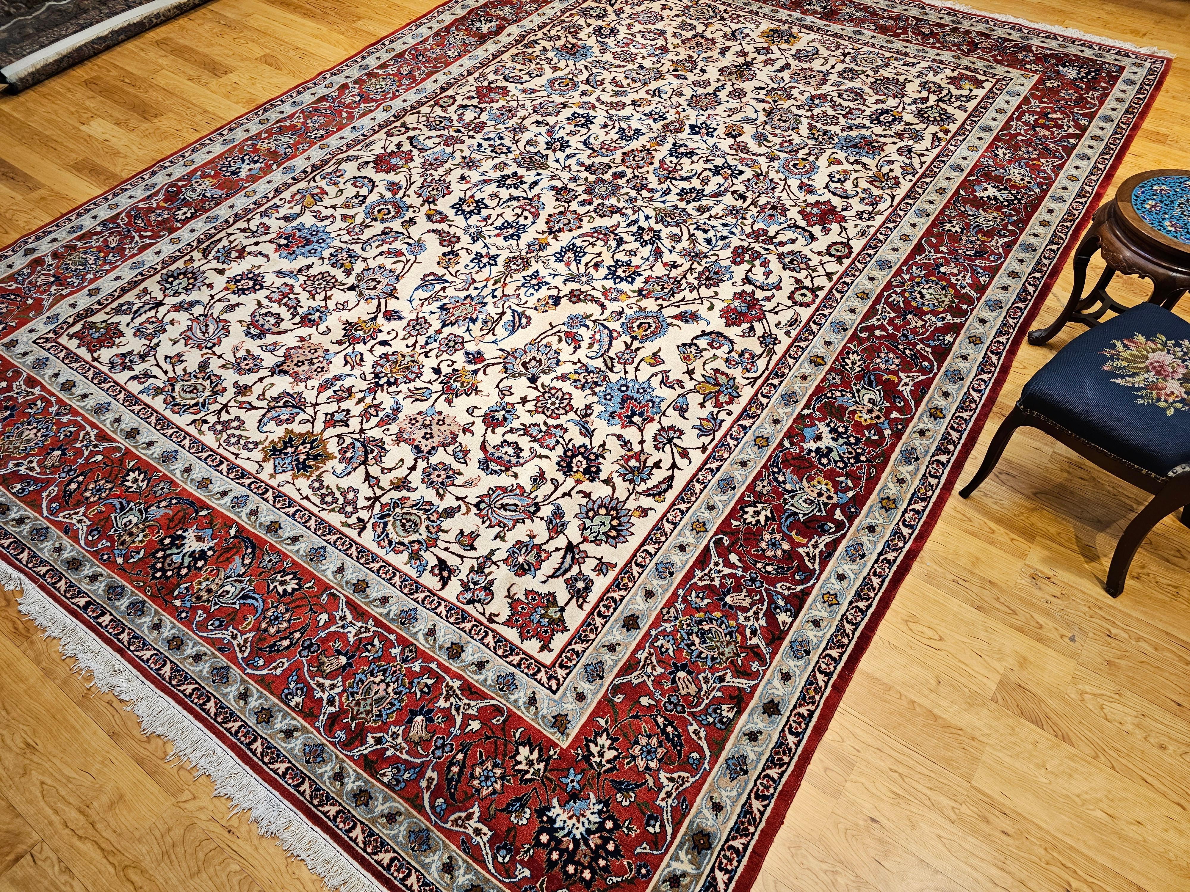 Persischer Isfahan Vintage-Teppich in Zimmergröße mit Allover-Muster in Elfenbein, Rot, Blau und Blau im Angebot 8