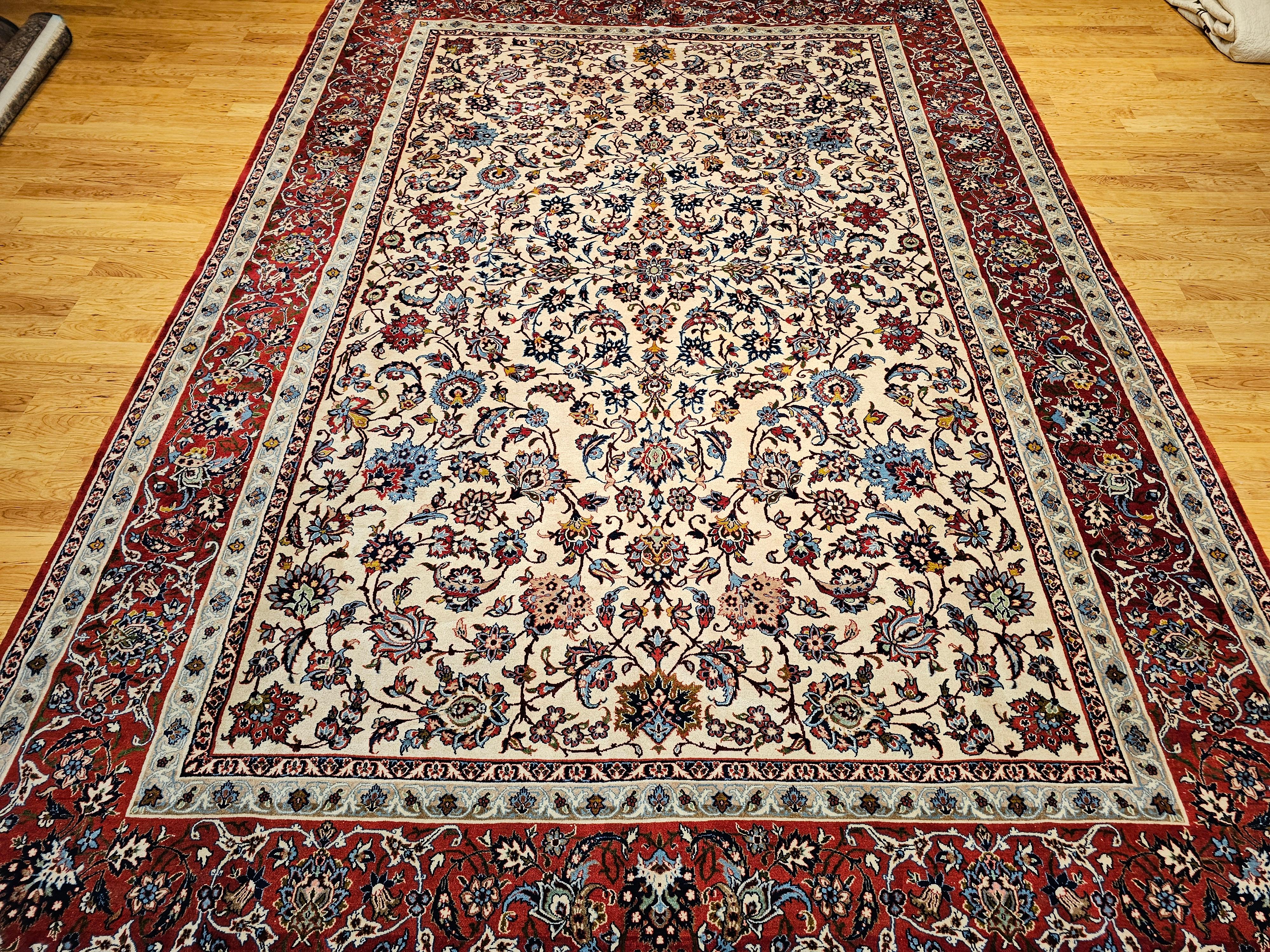 Persischer Isfahan Vintage-Teppich in Zimmergröße mit Allover-Muster in Elfenbein, Rot, Blau und Blau im Angebot 13