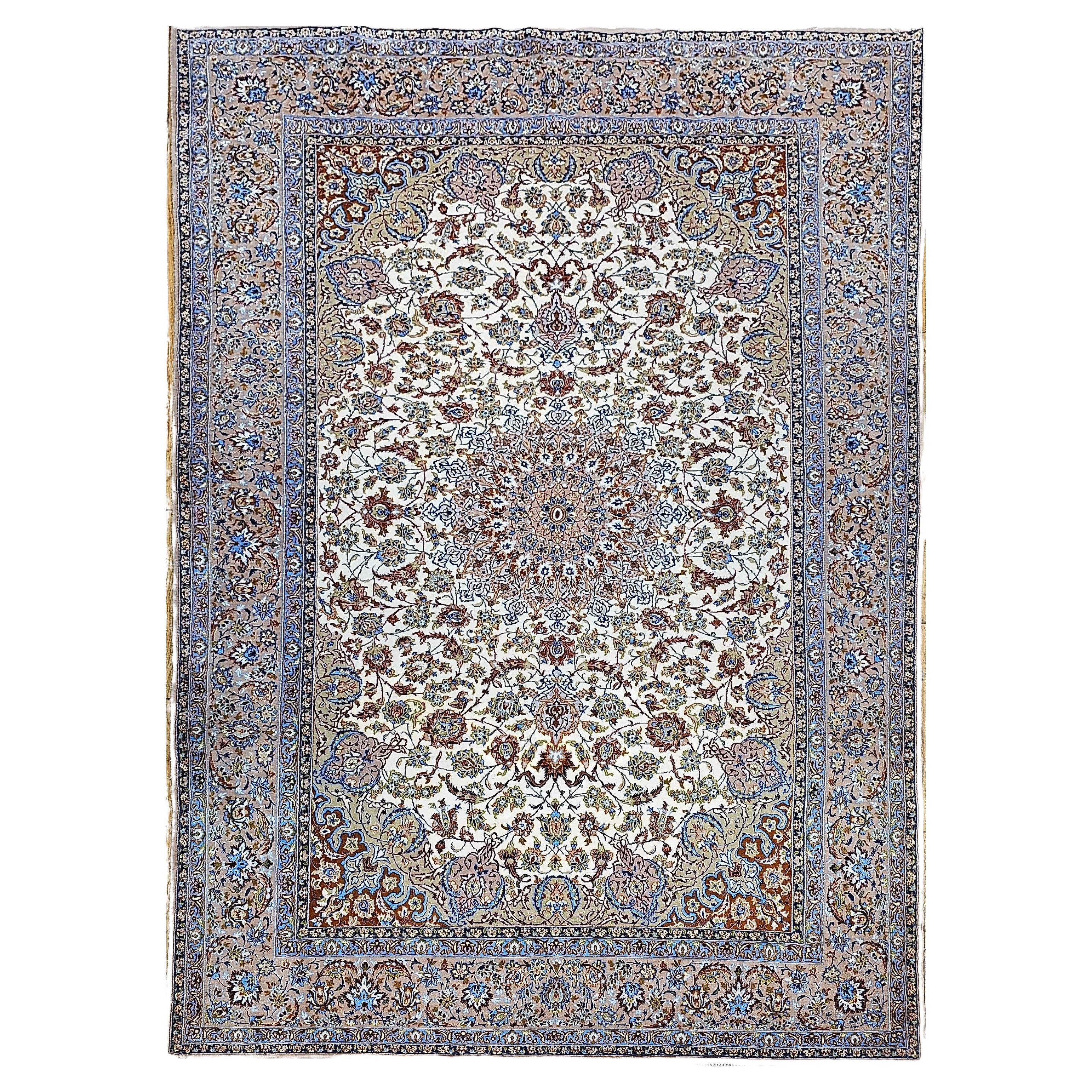 Vintage Persian Isfahan Room Size Rug in Floral Pattern in Ivory, Blue, Green