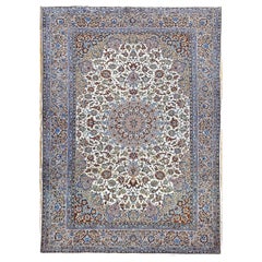 Used Persian Isfahan Room Size Rug in Floral Pattern in Ivory, Blue, Green