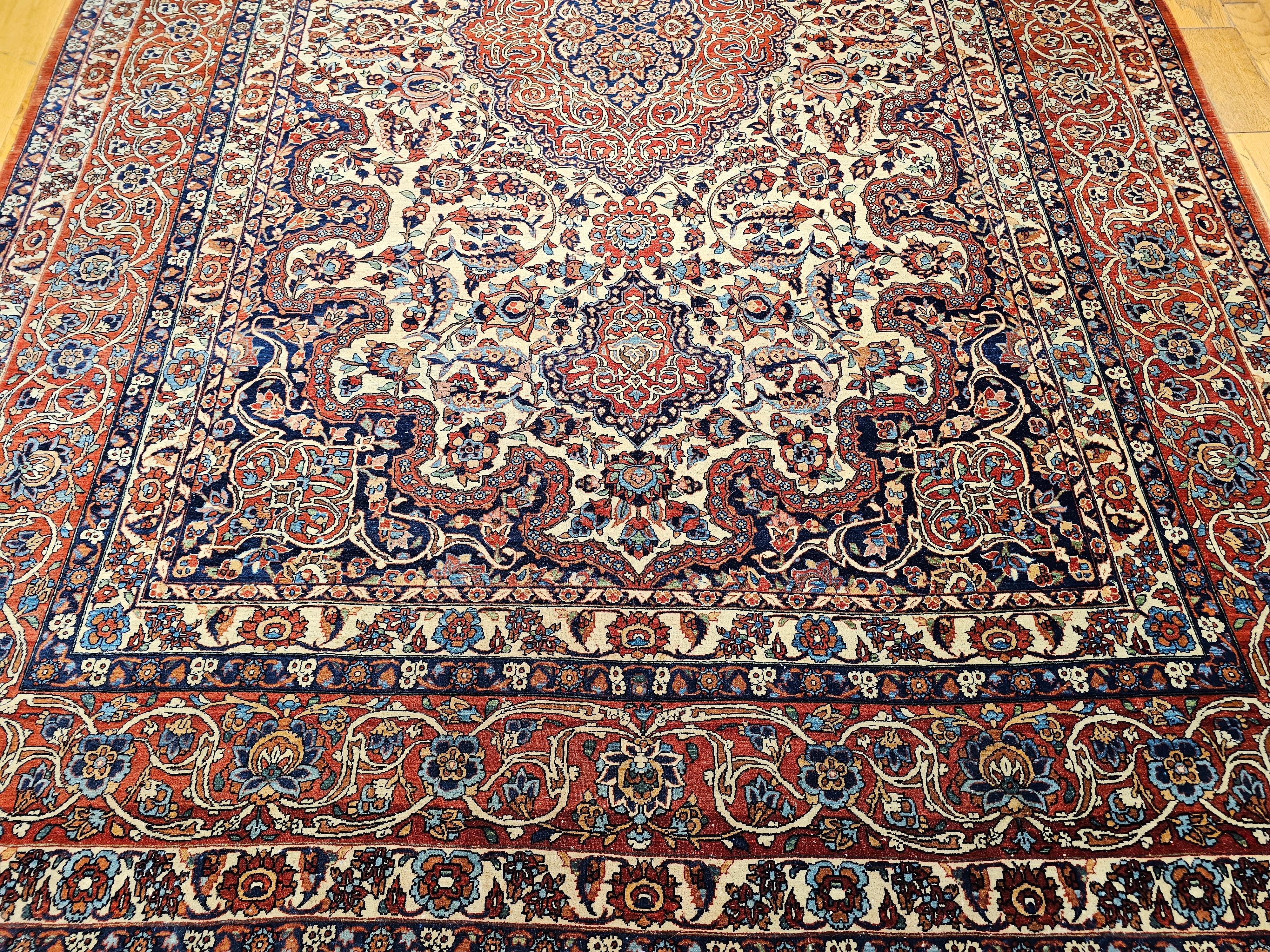 Vintage Persian Isfahan Room Size Rug in Floral Pattern in Ivory, Red, Blue For Sale 4