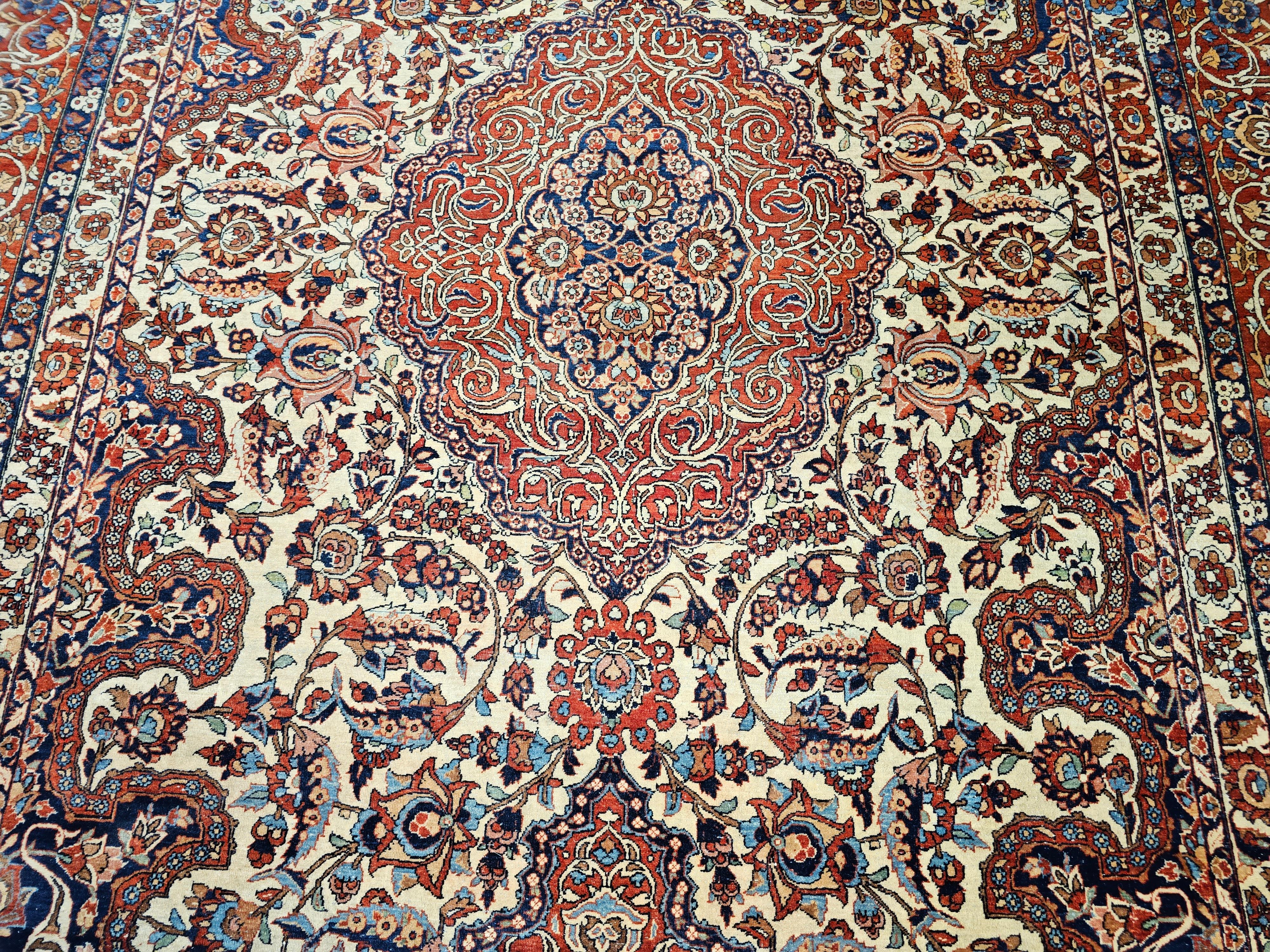 Vintage Persian Isfahan Room Size Rug in Floral Pattern in Ivory, Red, Blue For Sale 5