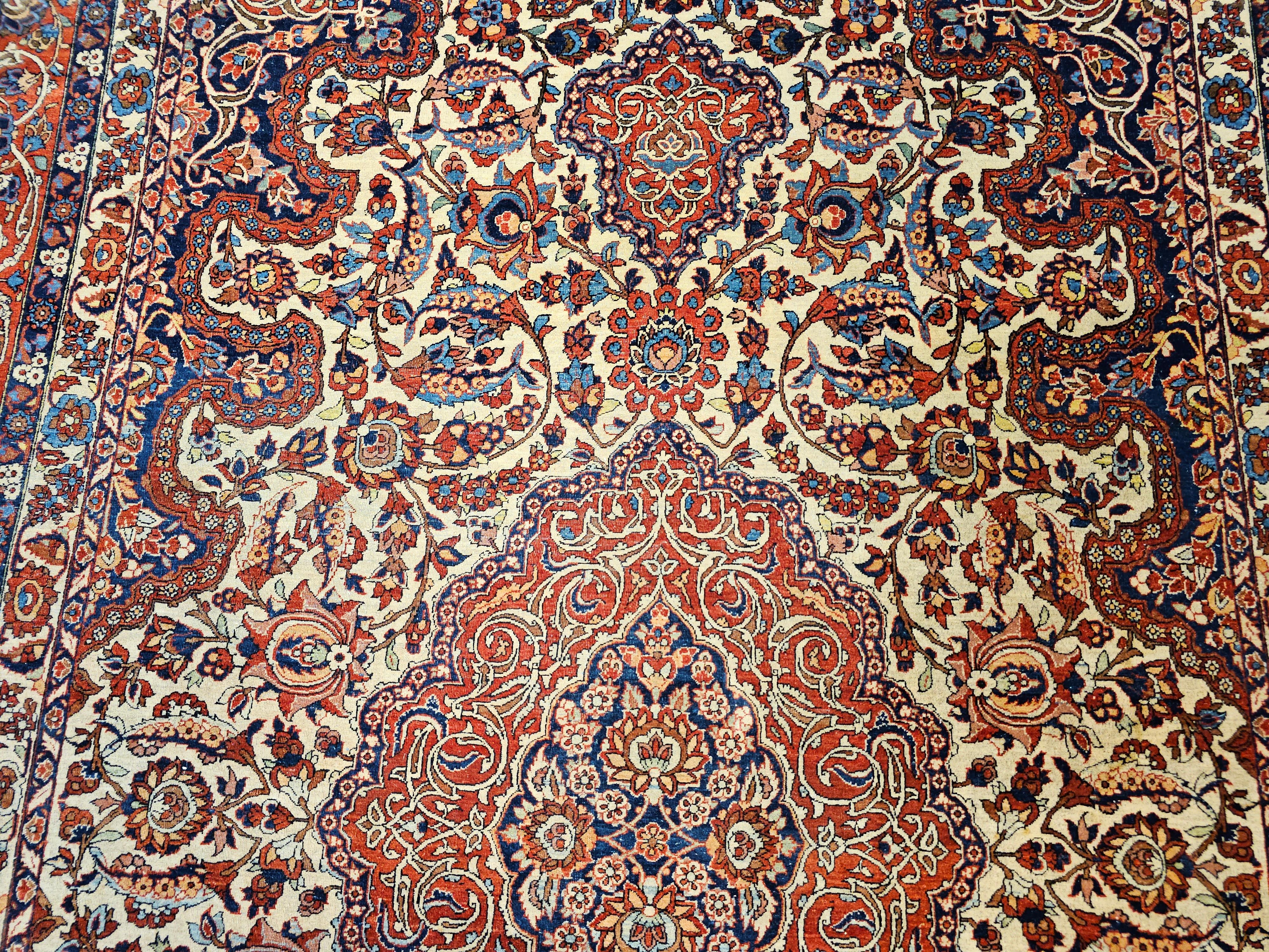 Vintage Persian Isfahan Room Size Rug in Floral Pattern in Ivory, Red, Blue For Sale 6