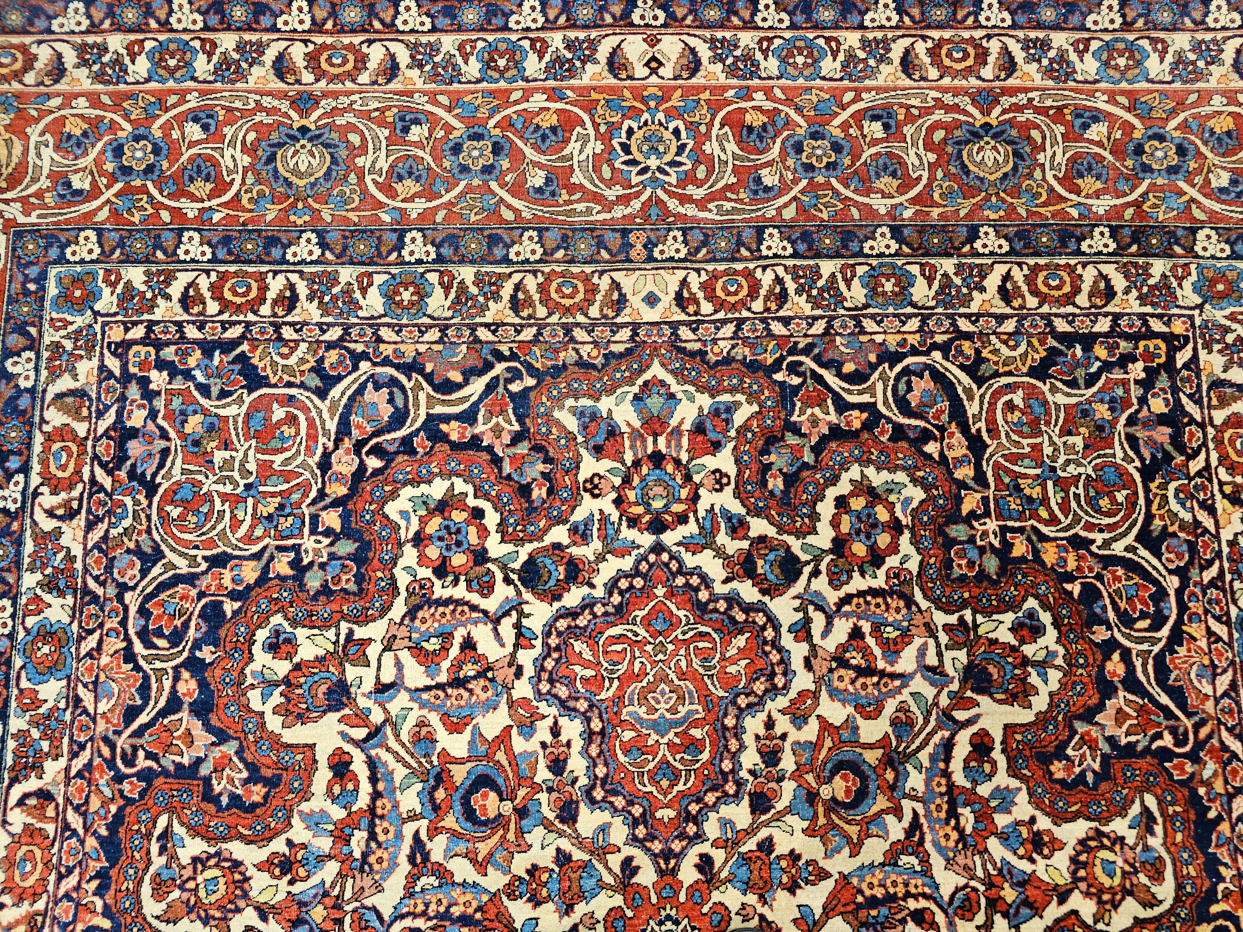 Vintage Persian Isfahan Room Size Rug in Floral Pattern in Ivory, Red, Blue For Sale 7