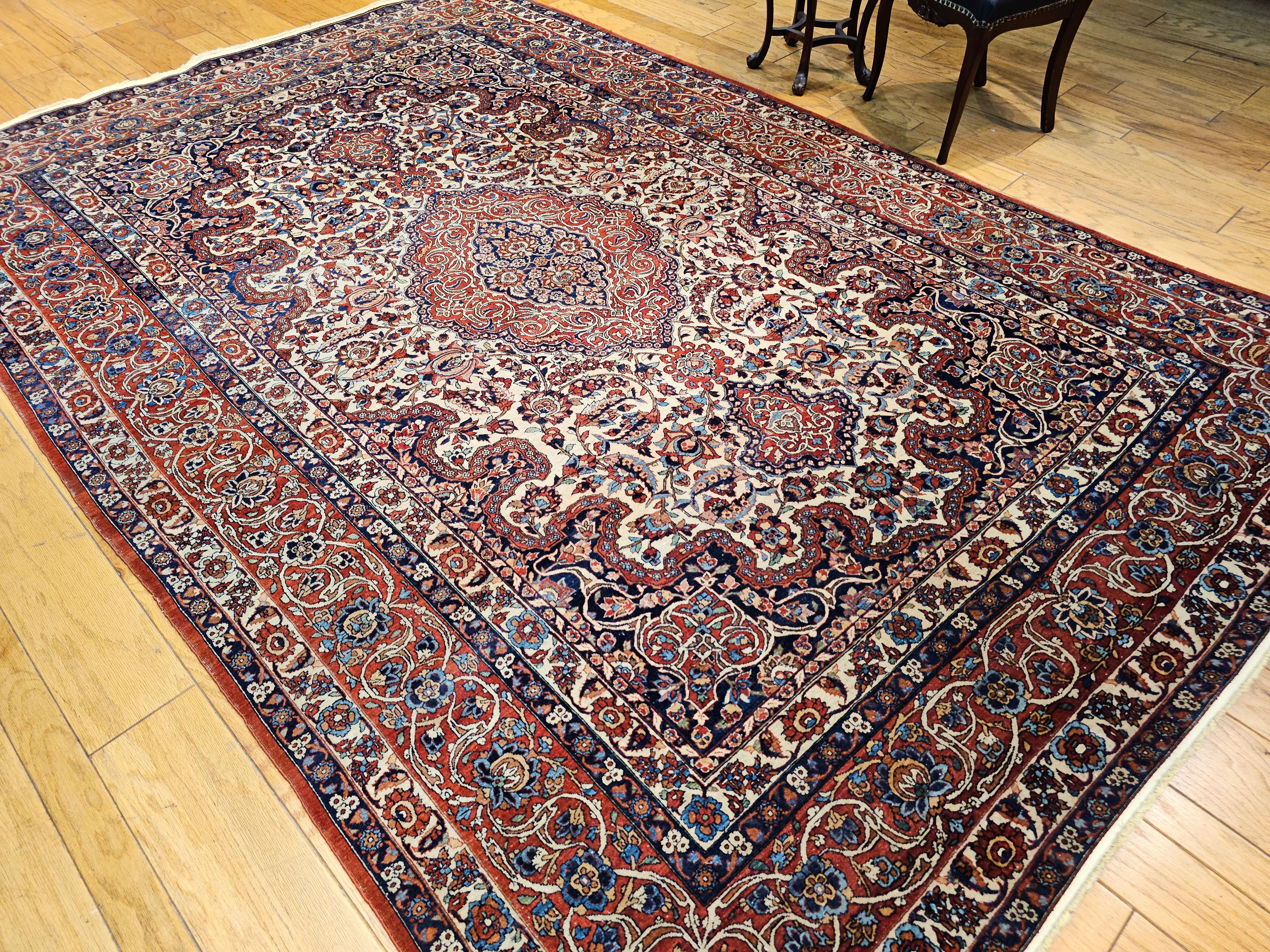 Vintage Persian Isfahan Room Size Rug in Floral Pattern in Ivory, Red, Blue For Sale 8