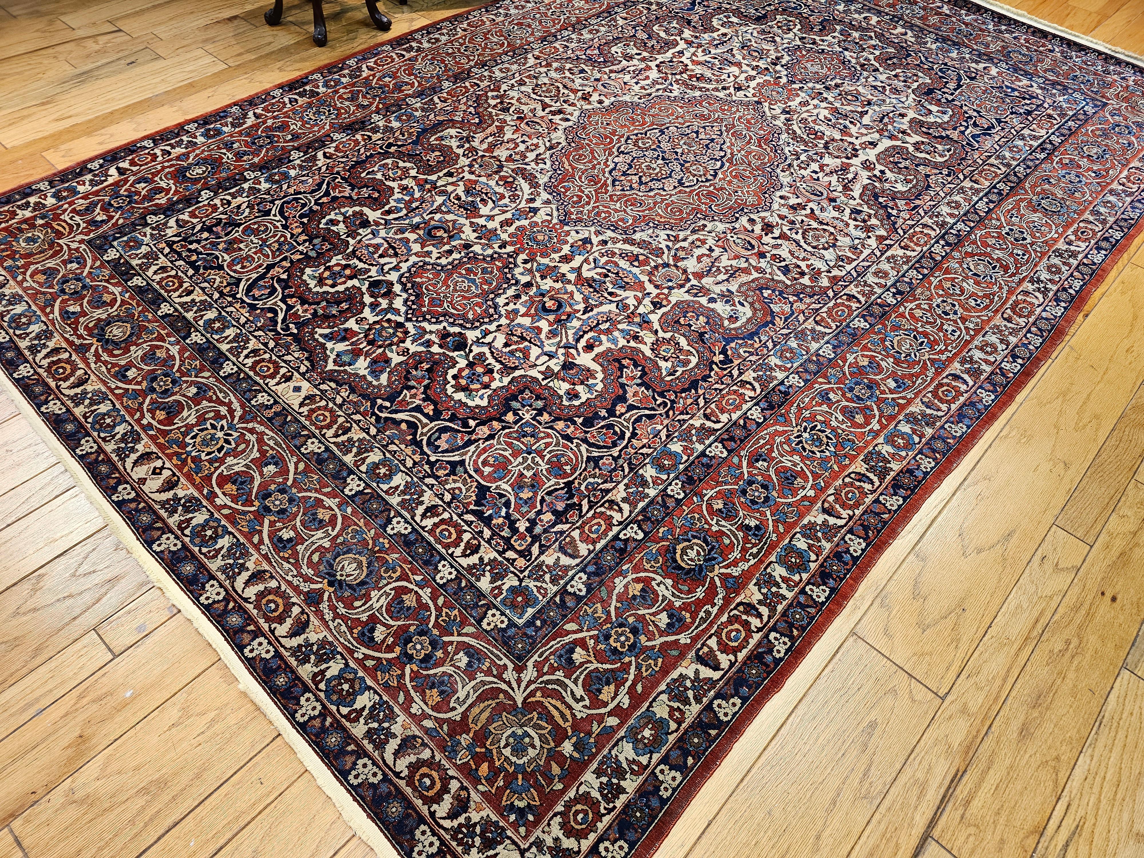 Vintage Persian Isfahan Room Size Rug in Floral Pattern in Ivory, Red, Blue For Sale 9