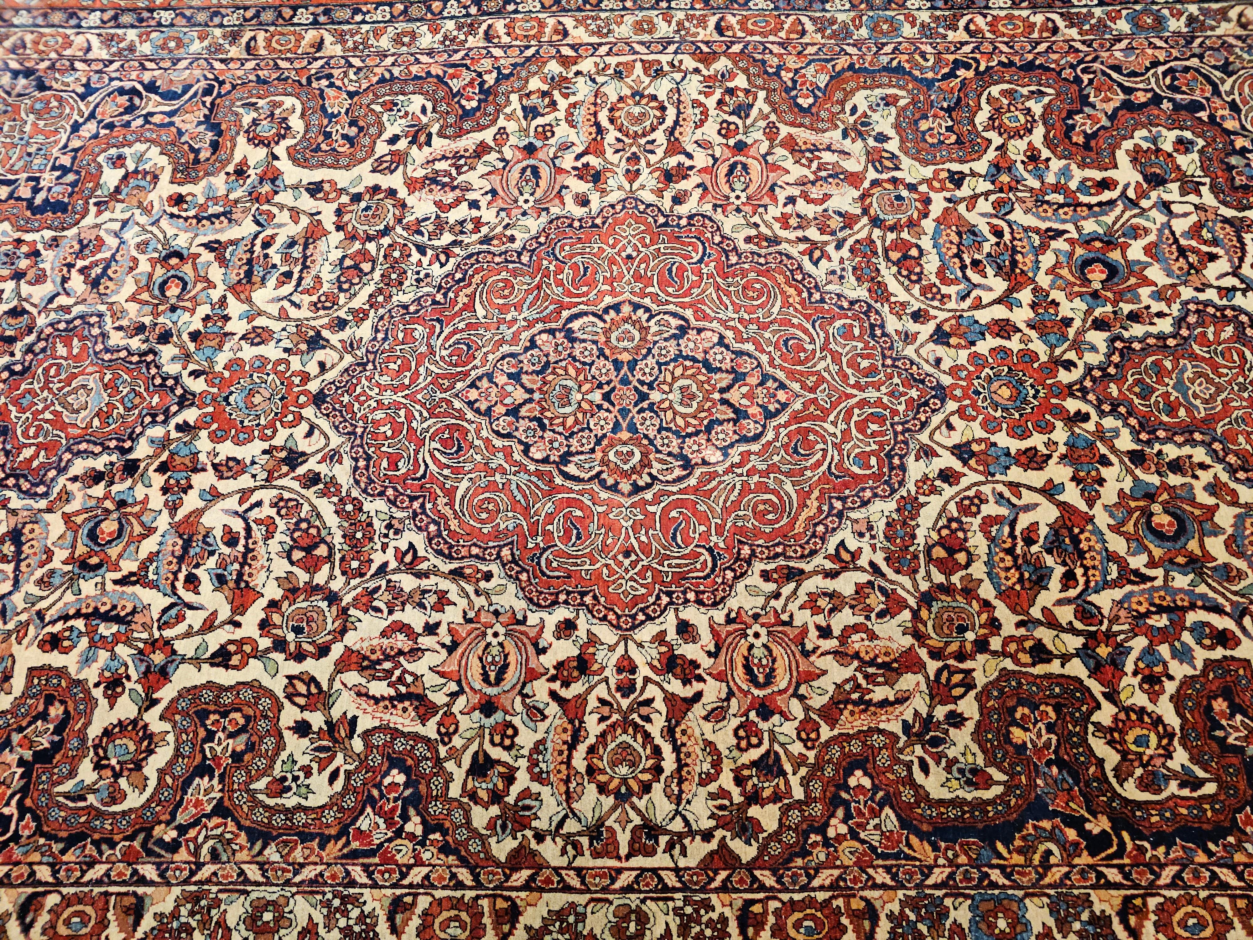 Vintage Persian Isfahan Room Size Rug in Floral Pattern in Ivory, Red, Blue For Sale 10