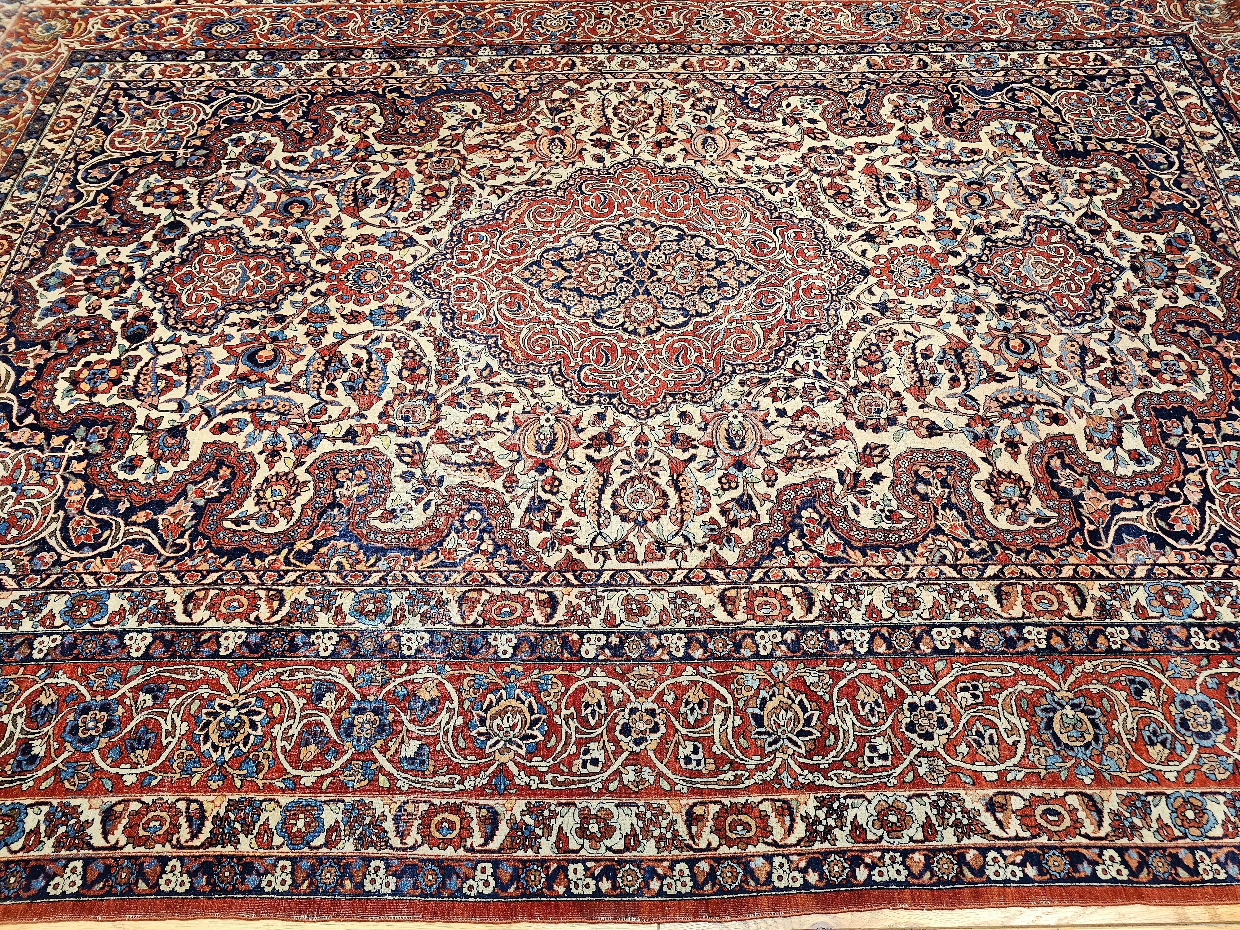 Vintage Persian Isfahan Room Size Rug in Floral Pattern in Ivory, Red, Blue For Sale 11