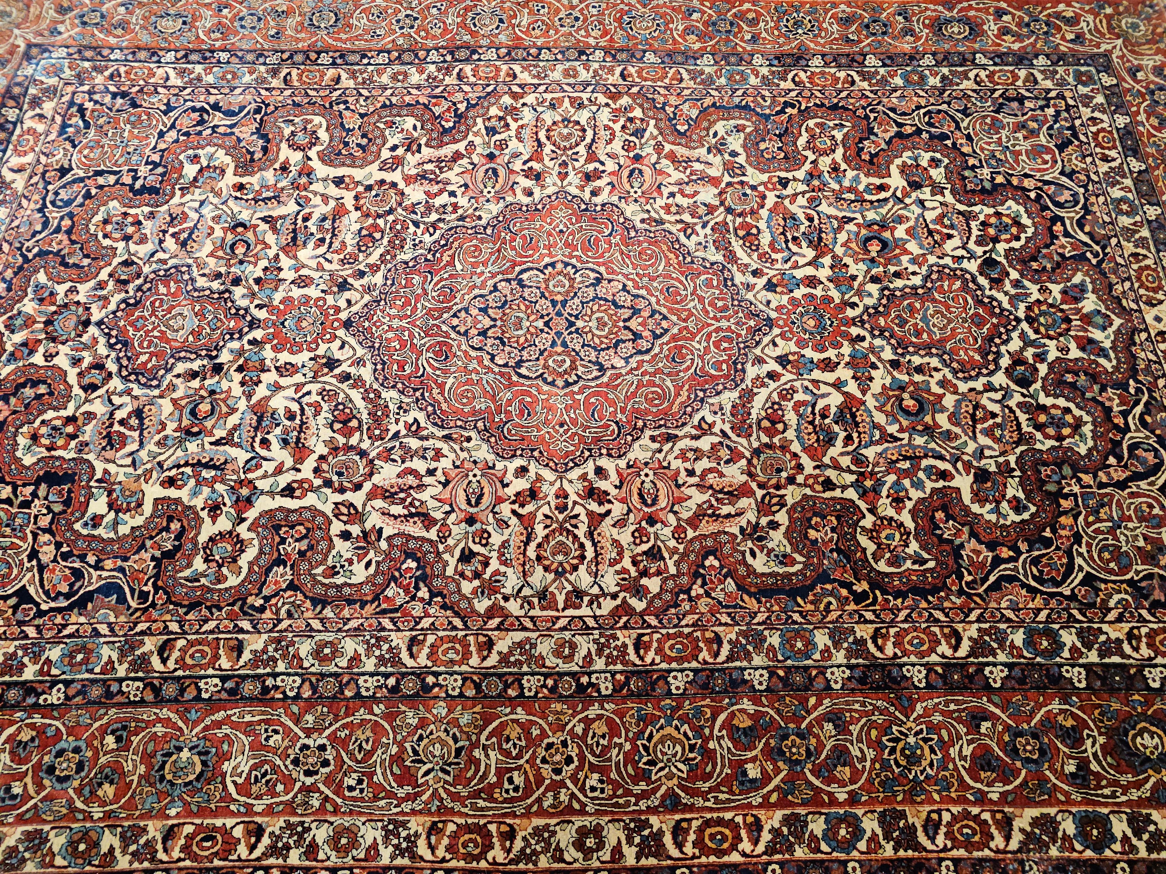 Vintage Persian Isfahan Room Size Rug in Floral Pattern in Ivory, Red, Blue For Sale 12