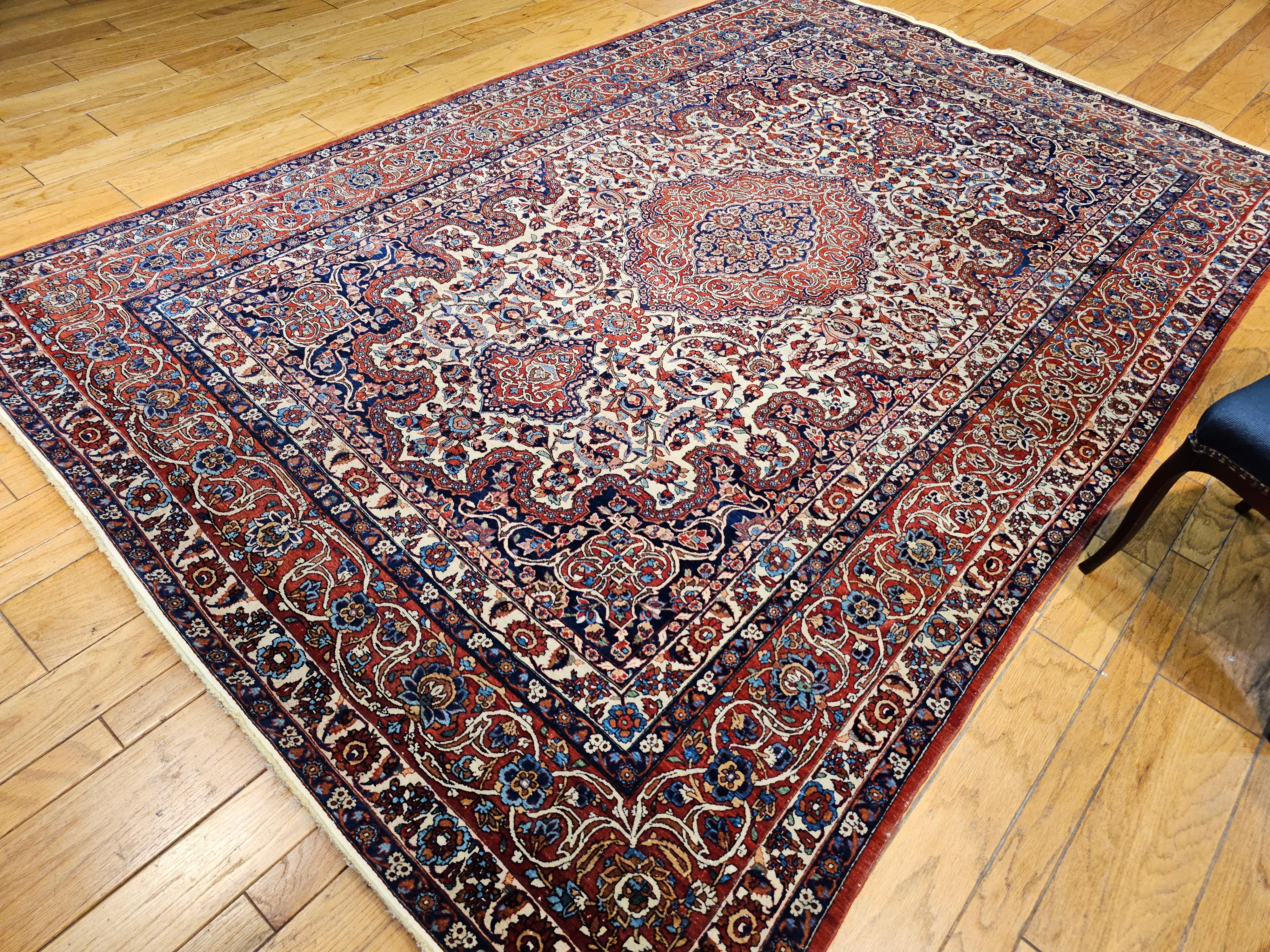 Vintage Persian Isfahan Room Size Rug in Floral Pattern in Ivory, Red, Blue For Sale 13