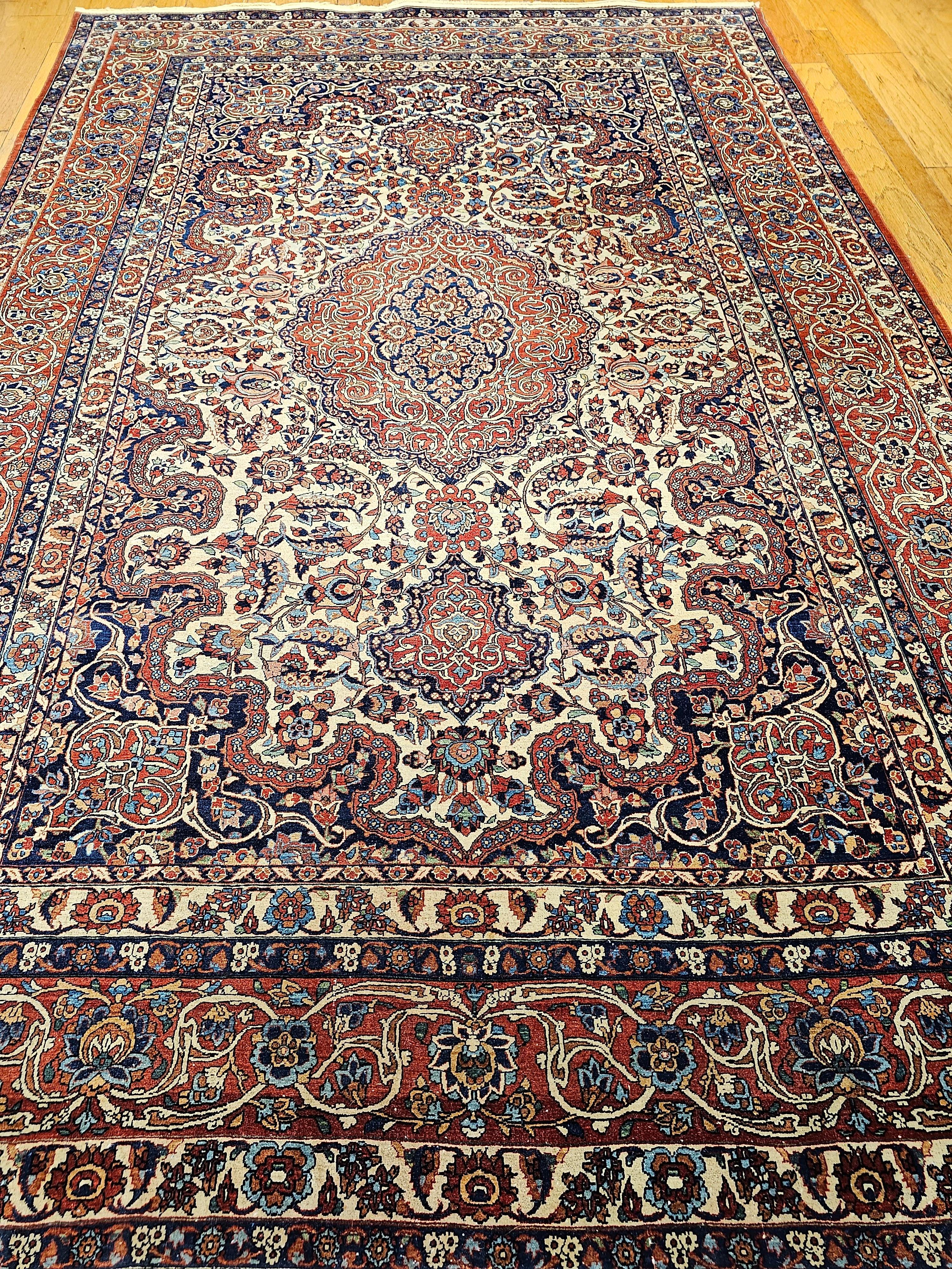 Vintage Persian Isfahan Room Size Rug in Floral Pattern in Ivory, Red, Blue For Sale 14