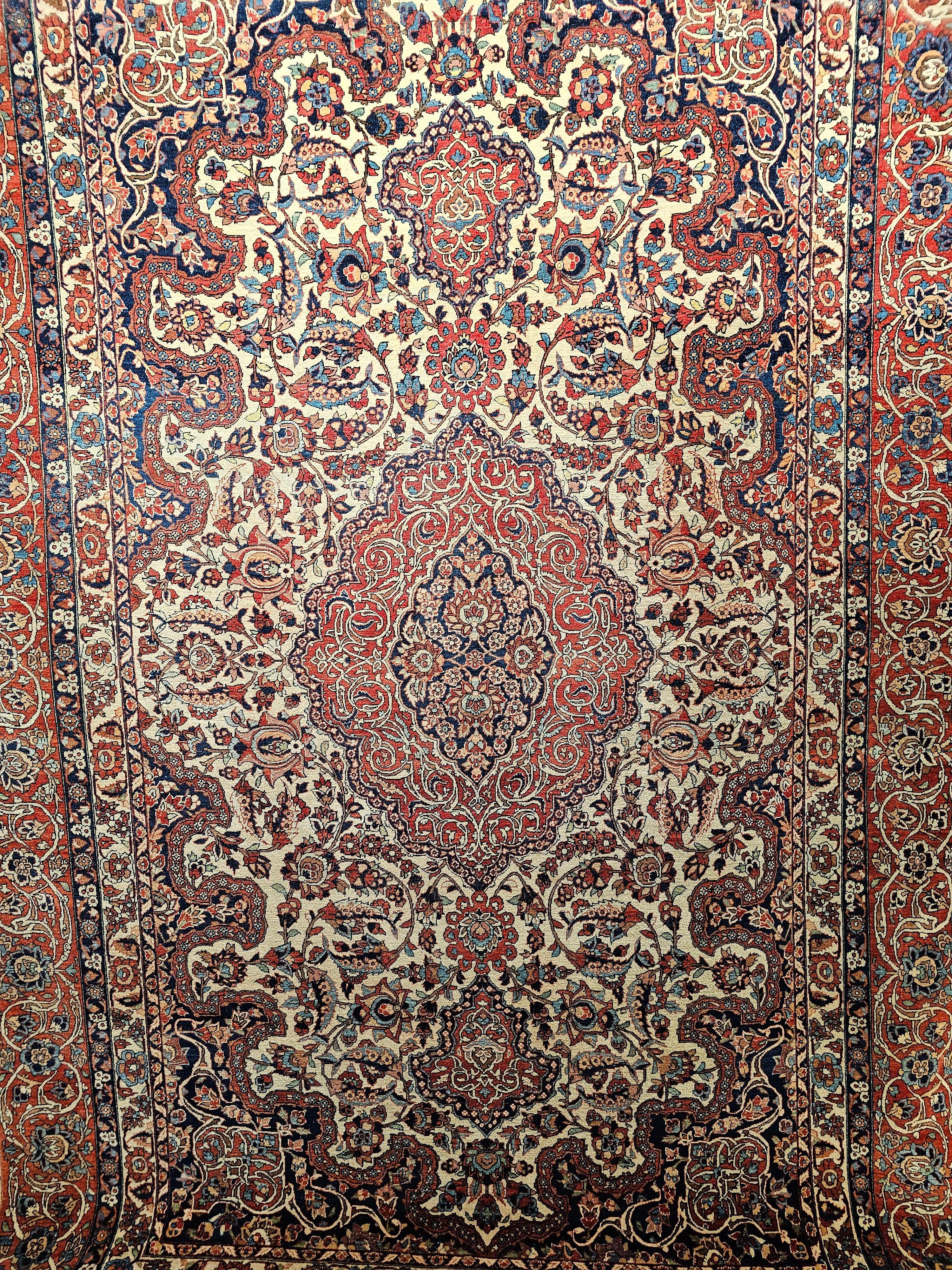 Hand-Woven Vintage Persian Isfahan Room Size Rug in Floral Pattern in Ivory, Red, Blue For Sale