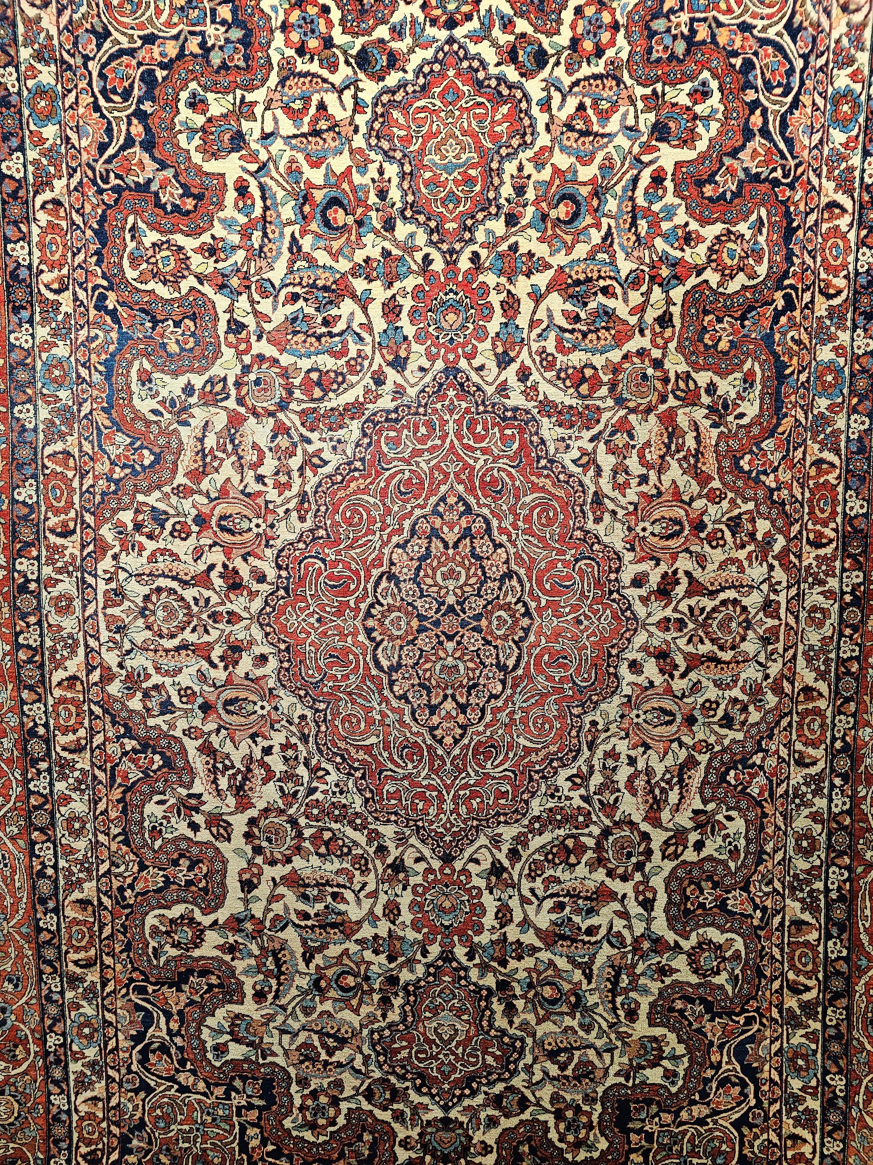 Vintage Persian Isfahan Room Size Rug in Floral Pattern in Ivory, Red, Blue In Good Condition For Sale In Barrington, IL