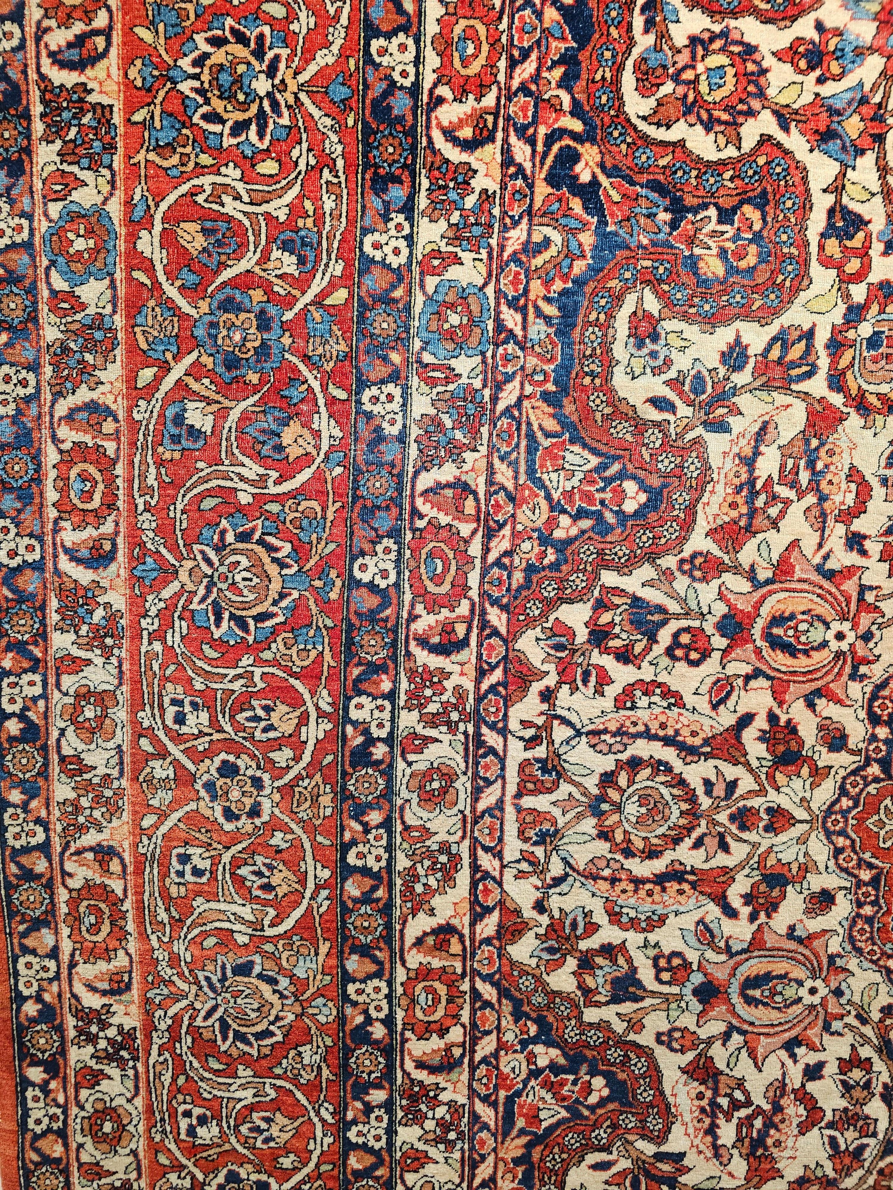 20th Century Vintage Persian Isfahan Room Size Rug in Floral Pattern in Ivory, Red, Blue For Sale
