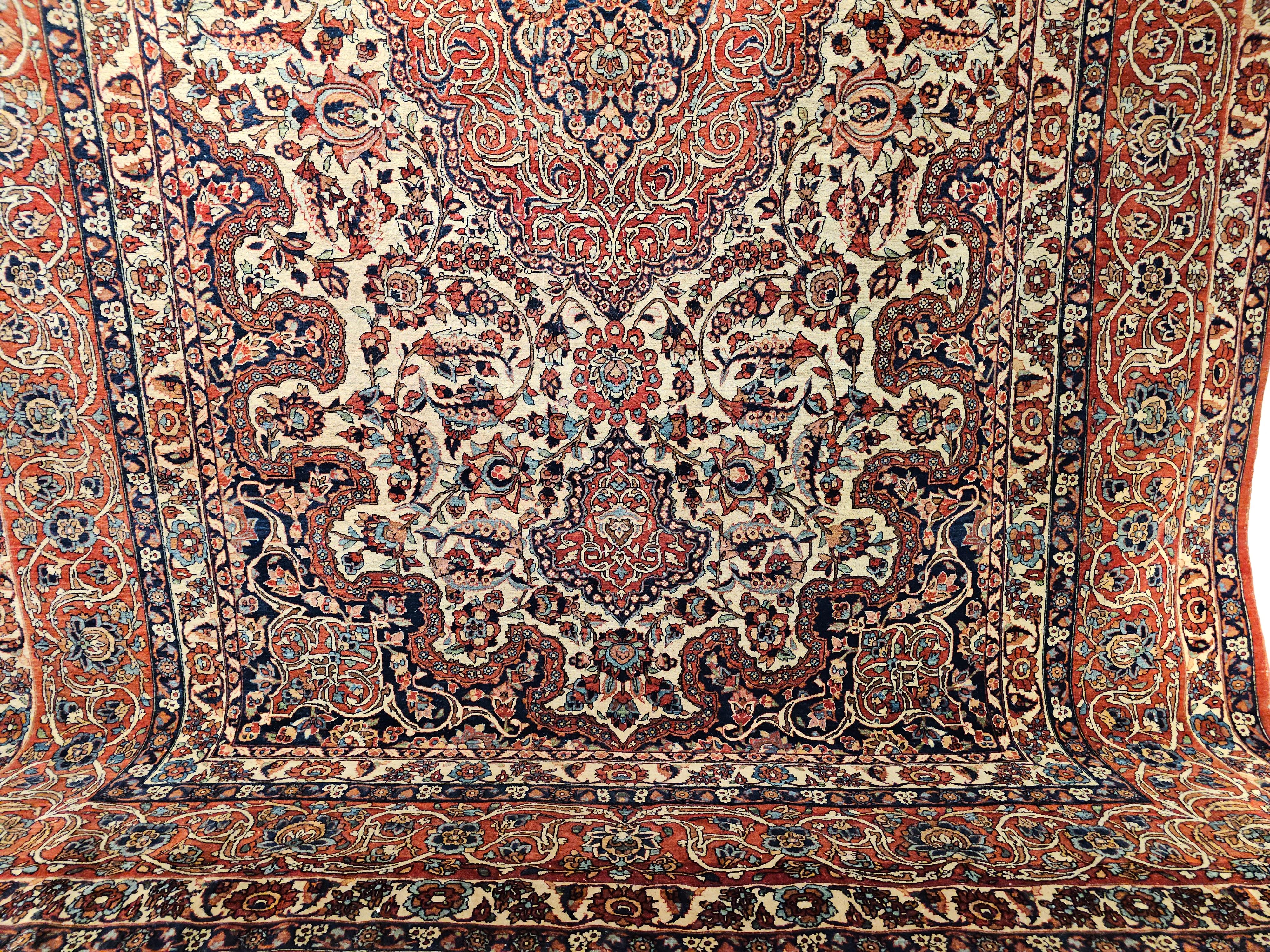Wool Vintage Persian Isfahan Room Size Rug in Floral Pattern in Ivory, Red, Blue For Sale