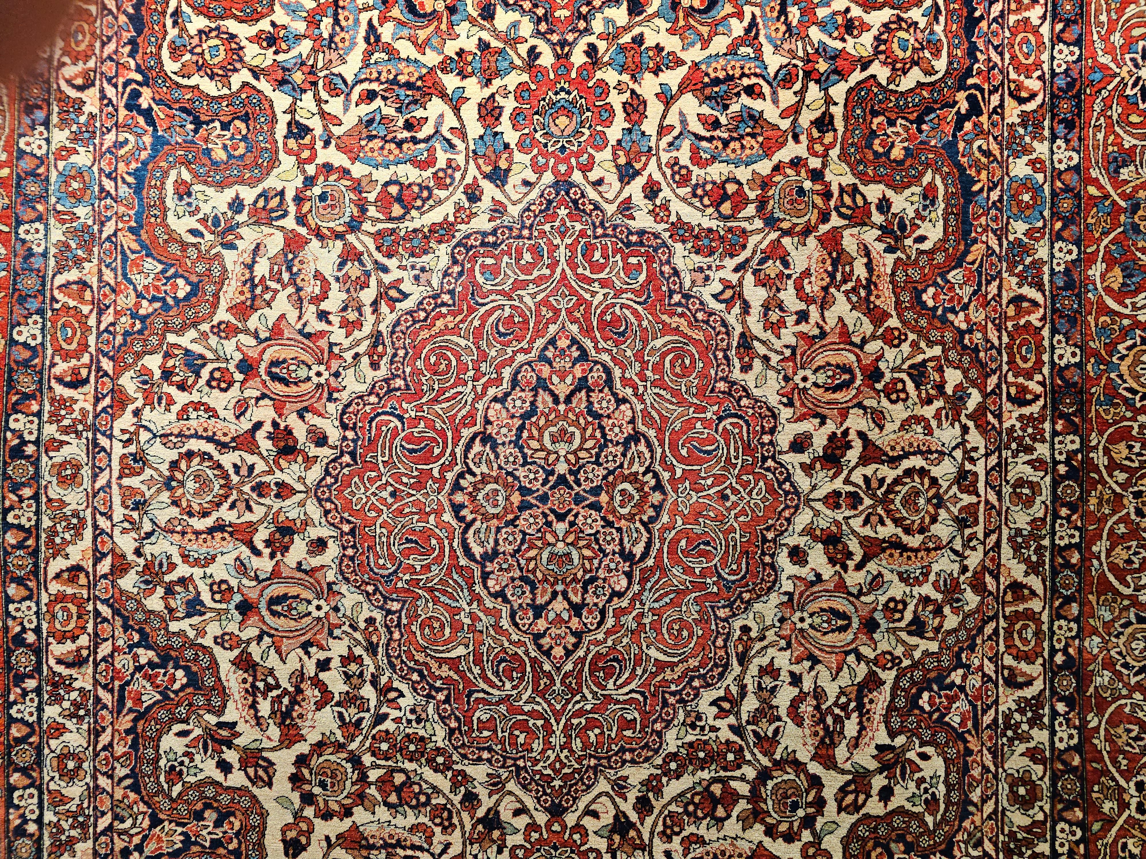 Vintage Persian Isfahan Room Size Rug in Floral Pattern in Ivory, Red, Blue For Sale 1