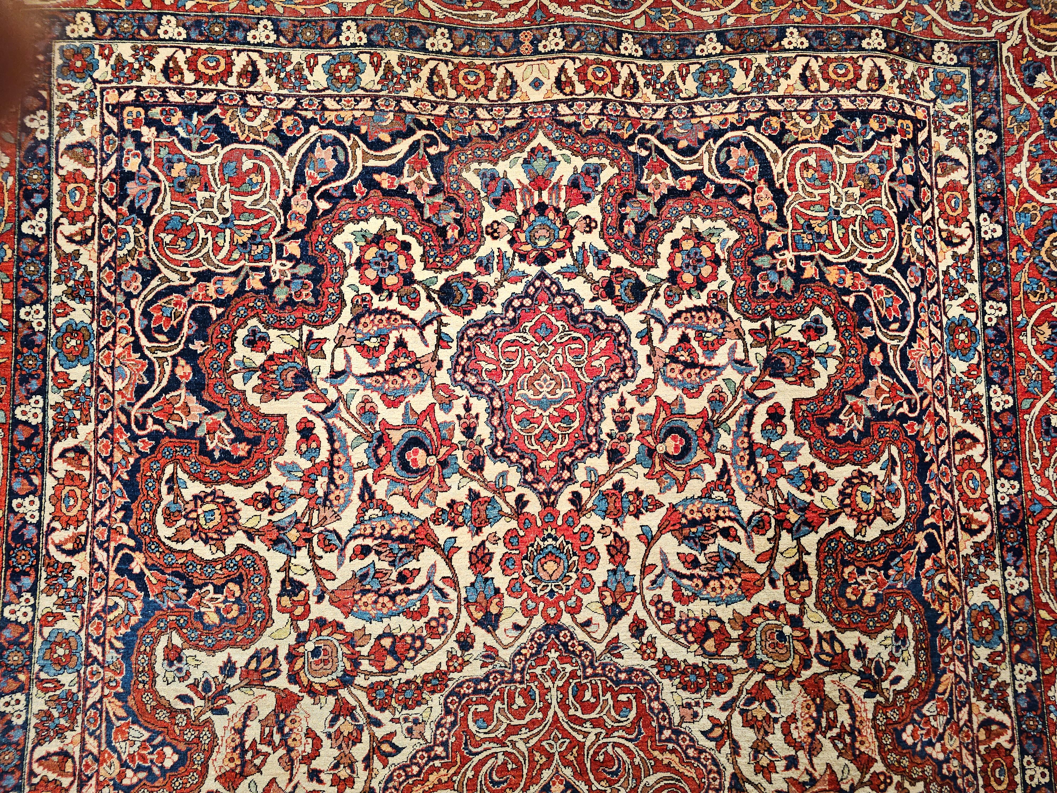 Vintage Persian Isfahan Room Size Rug in Floral Pattern in Ivory, Red, Blue For Sale 2