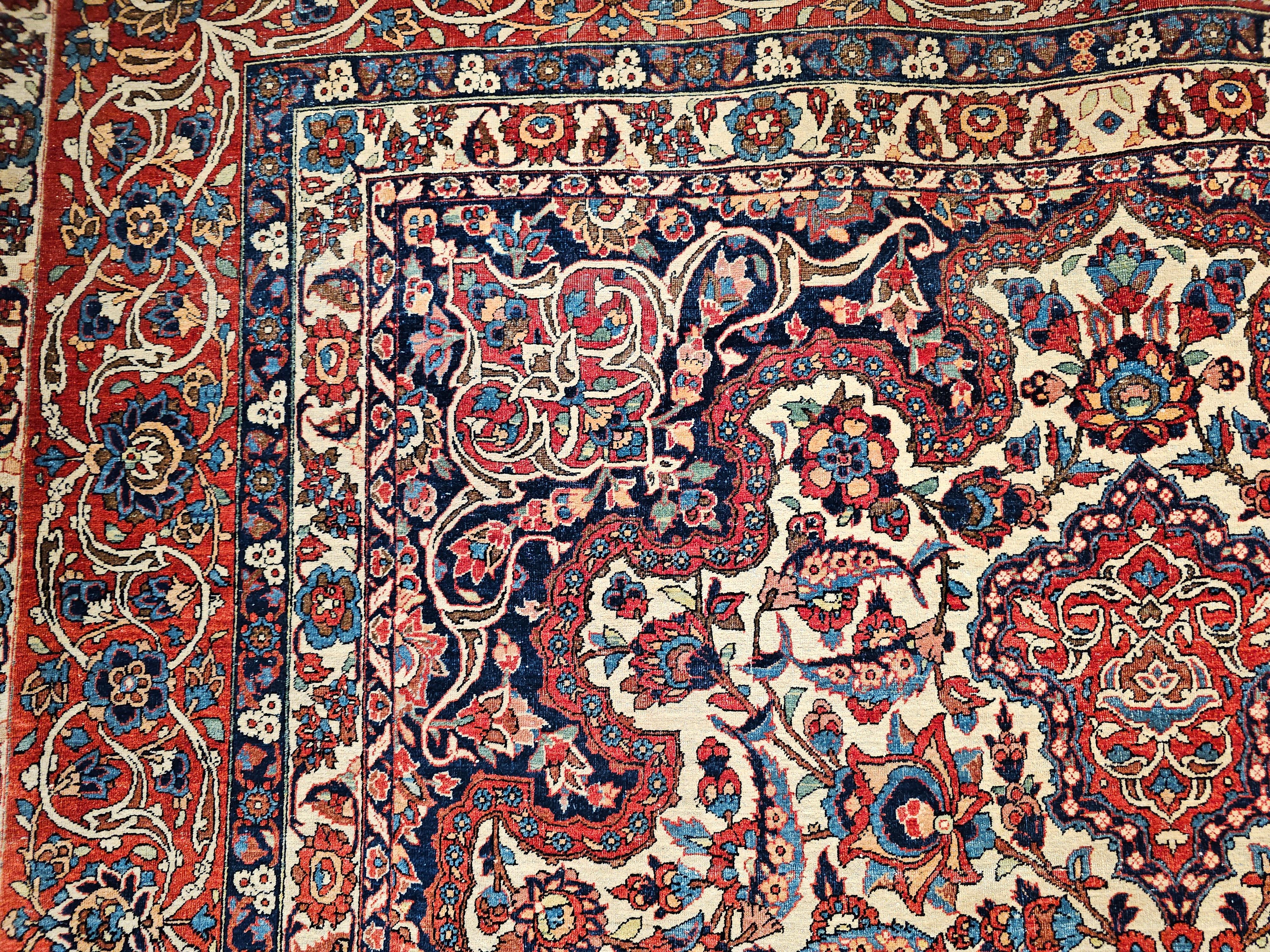Vintage Persian Isfahan Room Size Rug in Floral Pattern in Ivory, Red, Blue For Sale 3