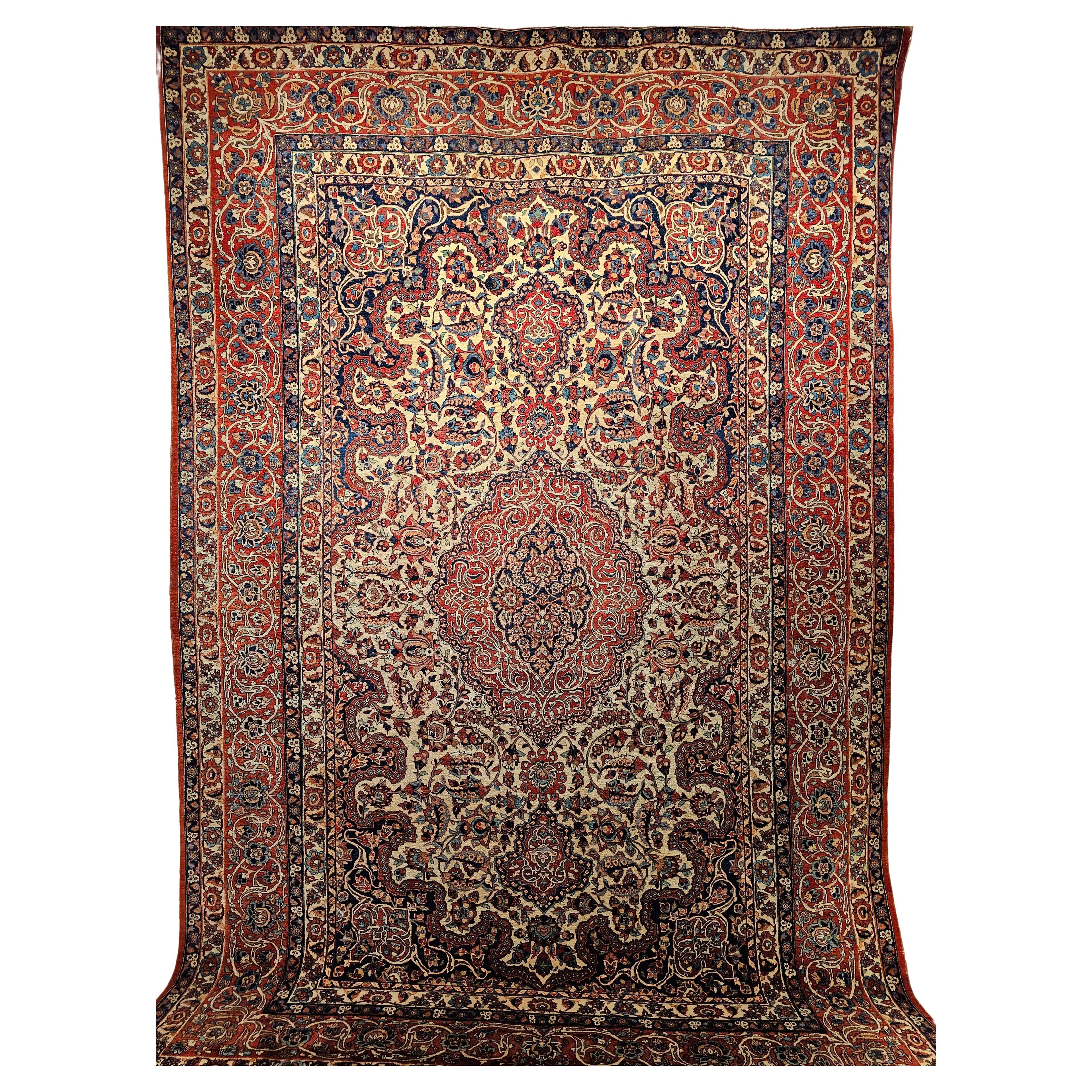 Vintage Persian Isfahan Room Size Rug in Floral Pattern in Ivory, Red, Blue