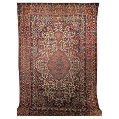 Antique Persian Isfahan Room Size Rug in Floral Pattern in Ivory, Red, Blue