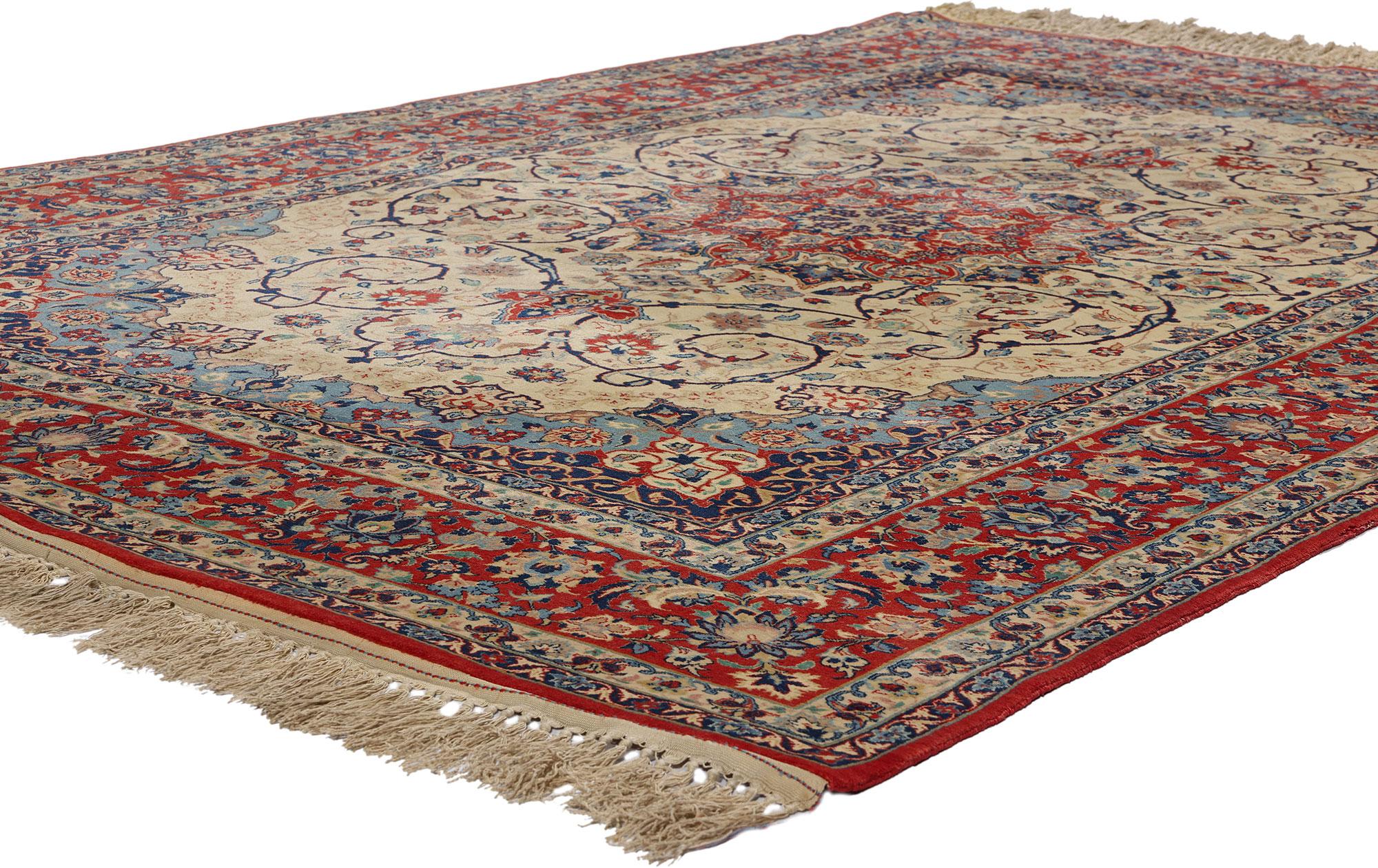 78721 Vintage Persian Isfahan Rug, 05'00 x 07'08. In the heart of central Iran lies a treasure trove of artistry and tradition: the enchanting city of Isfahan. Here, amidst whispers of ancient tales and echoes of skilled artisans, the illustrious