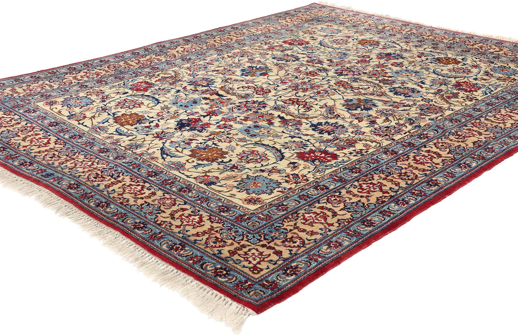 78680 Vintage Persian Isfahan Rug, 05'00 x 06'09. Nestled in the heart of central Iran lies a haven of artistry and tradition: the captivating city of Isfahan. Here, amid whispers of ancient legends and the lingering echoes of masterful artisans,