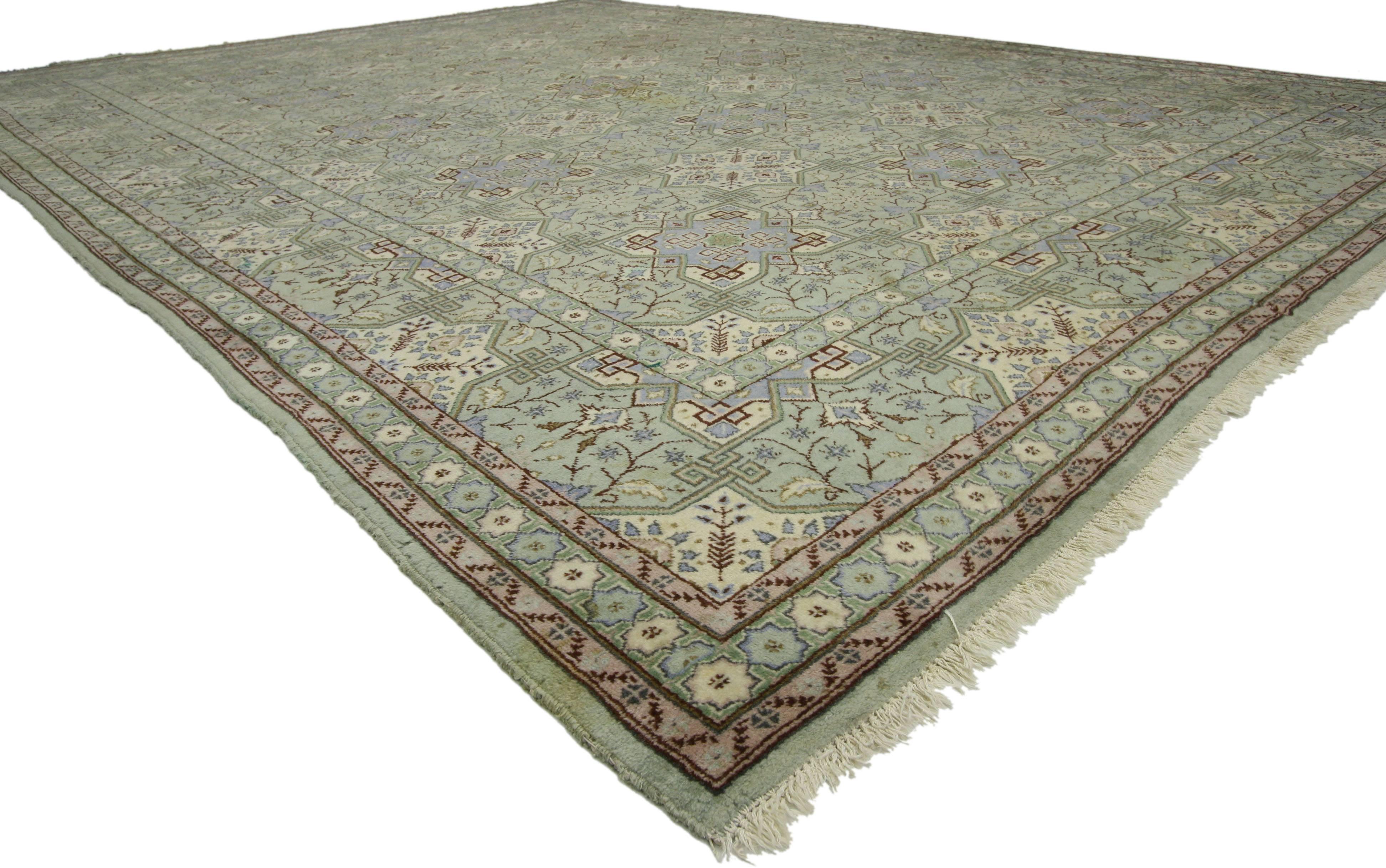 75731 Vintage Persian Isfahan Rug with Gustavian Grace and Georgian Style 08'07 x 11'06. With dreamy hues and well-balanced symmetry paired with captivating elegance, this hand-knotted wool vintage Persian Isfahan rug beautifully embodies both