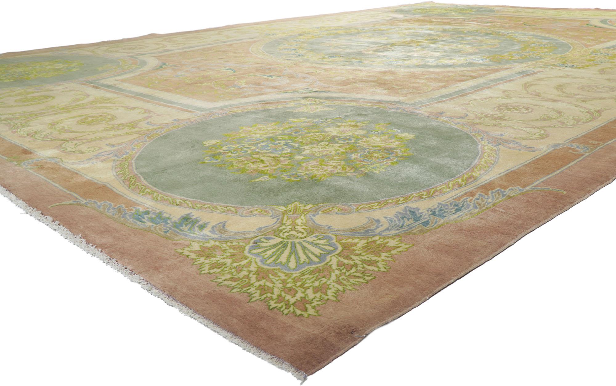 61025 vintage Persian Isfahan rug with French Romanticism and Louis XIV Style 13'04 x 19'09. Ornate details and effortless beauty with romantic connotations, this hand-knotted wool vintage Persian Isfahan rug is poised to impress. Taking center